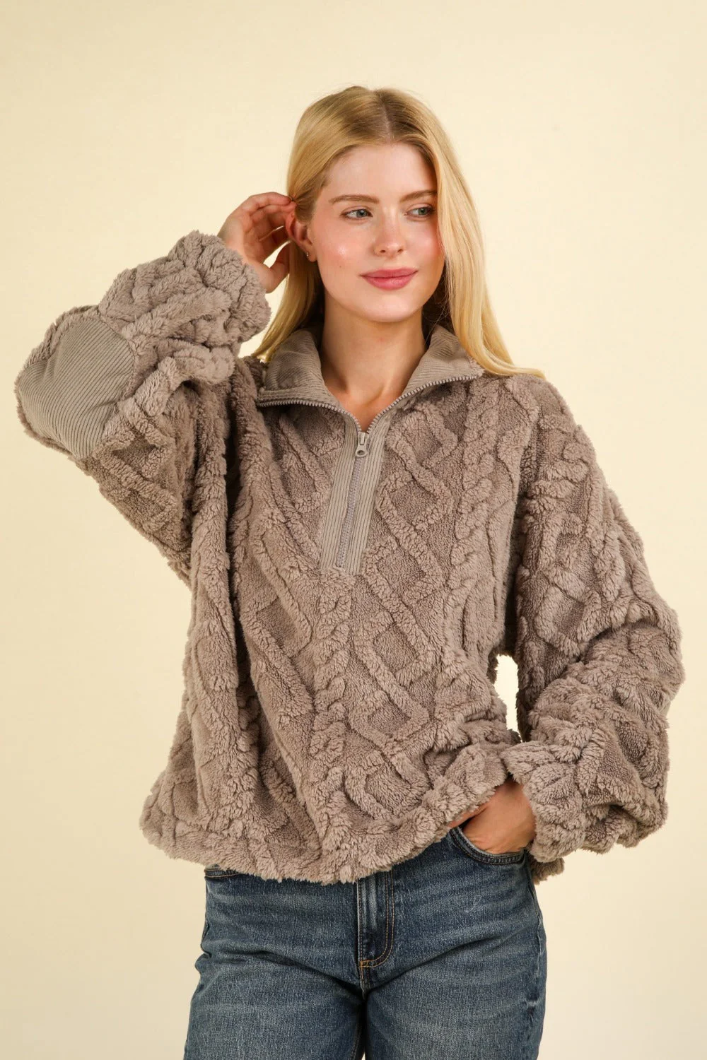 Lucía | Fluffy cable knit fleece half zip sweatshirt - Image 3