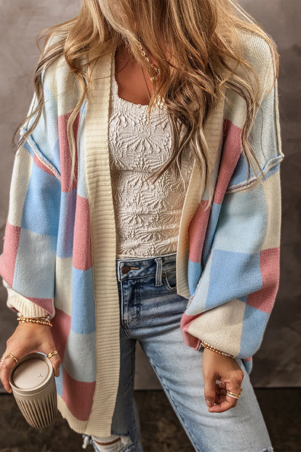 Lucie | Color block cardigan with open front and long sleeves - Image 2
