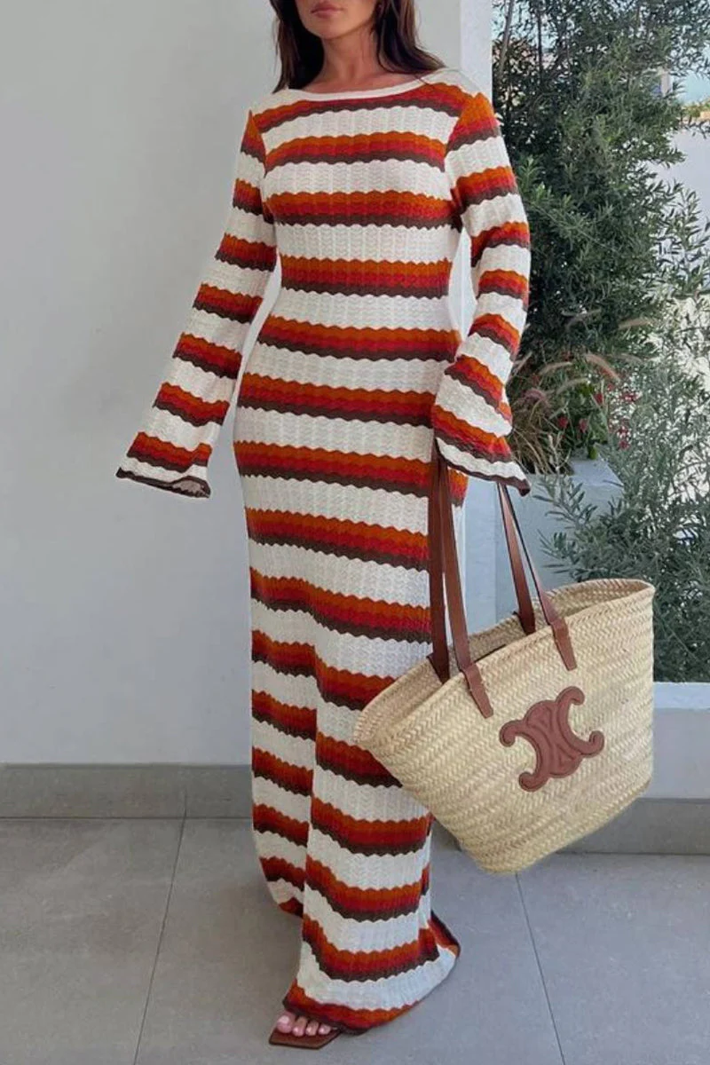 Lucrecia | Casual Striped Long Sleeve O-Neck Contrast Vacation Dresses - Image 3