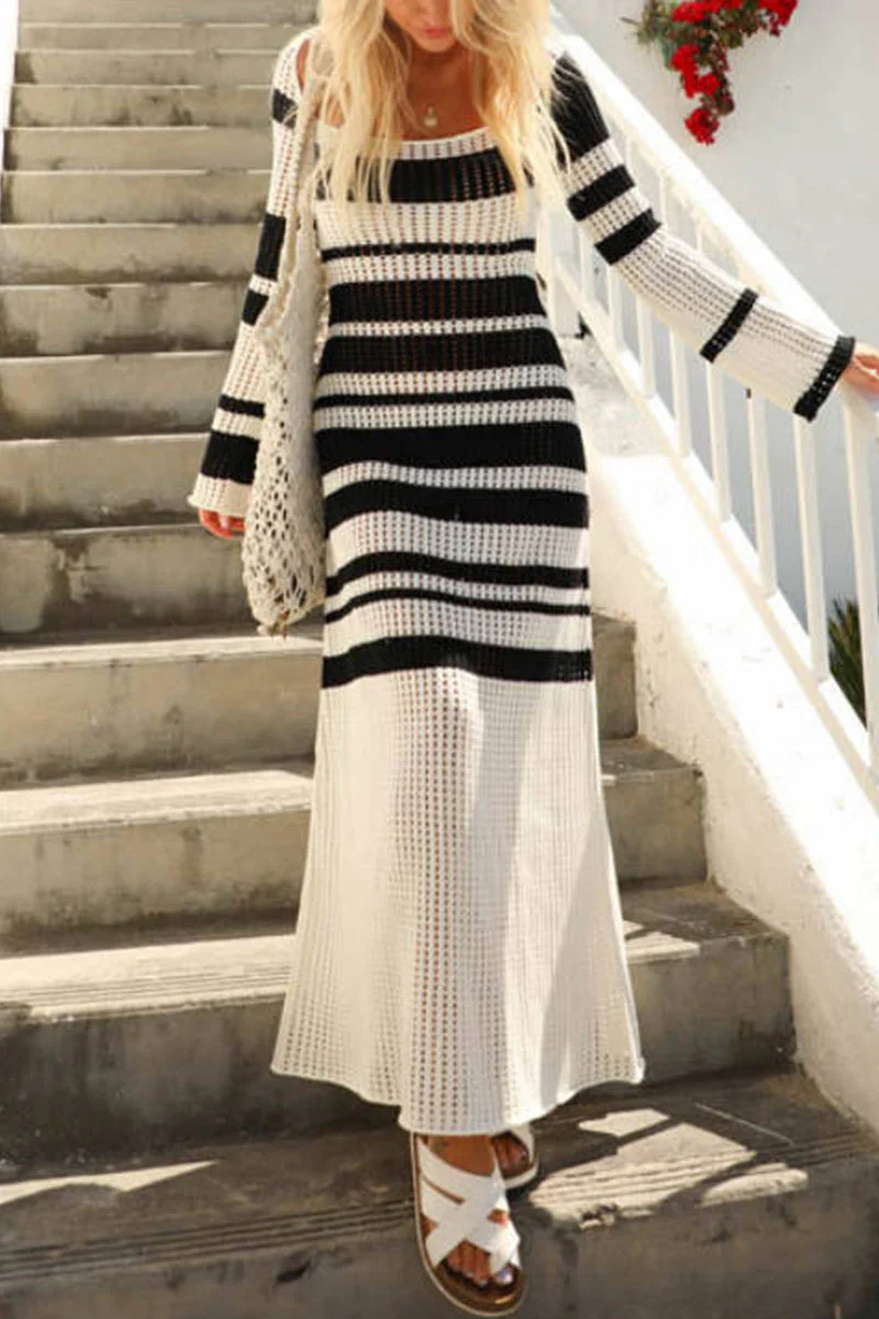 Ludmila | Casual long sleeve holiday dresses with striped contrast square collar - Image 3