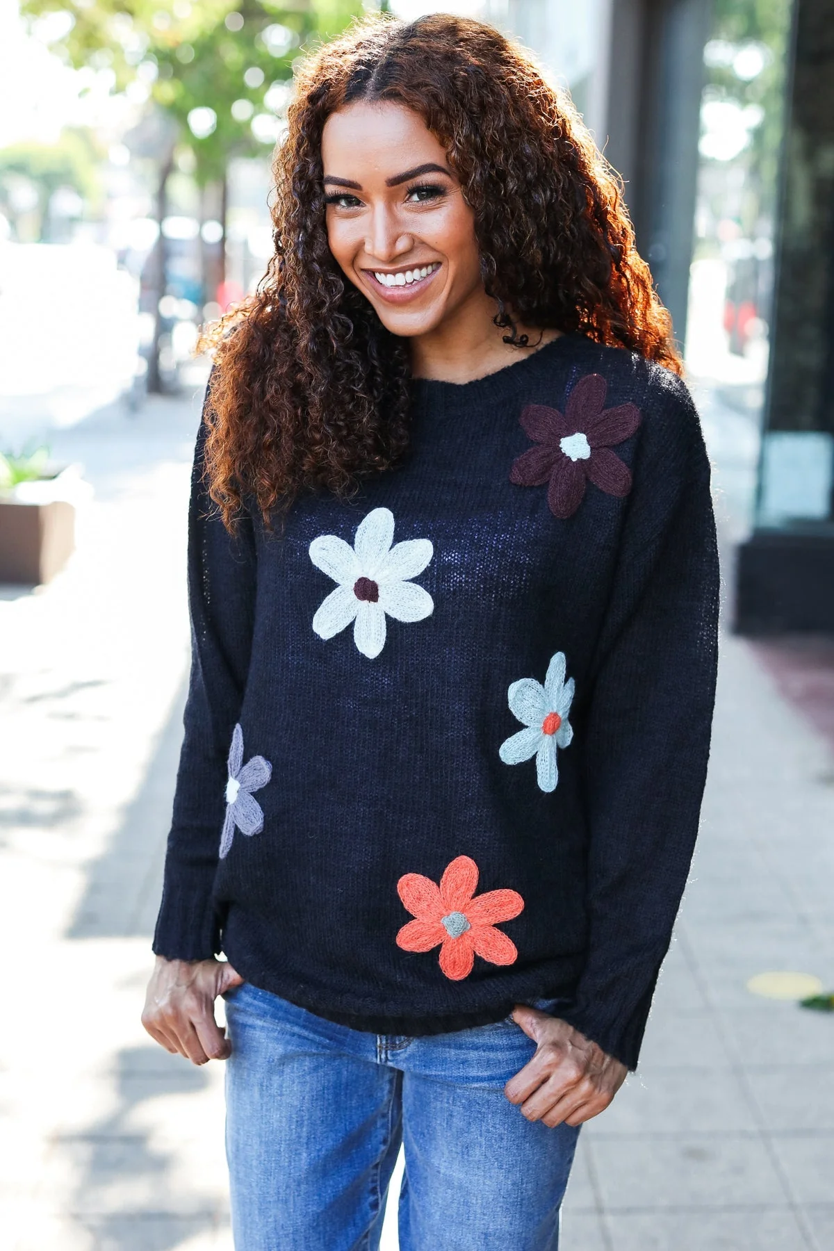Luisa | Eyes On You oversized knit sweater with floral patch in black - Image 14