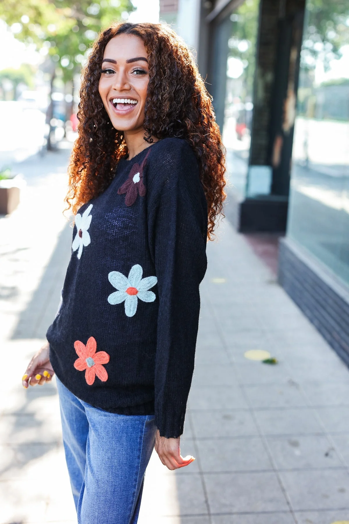 Luisa | Eyes On You oversized knit sweater with floral patch in black - Image 15