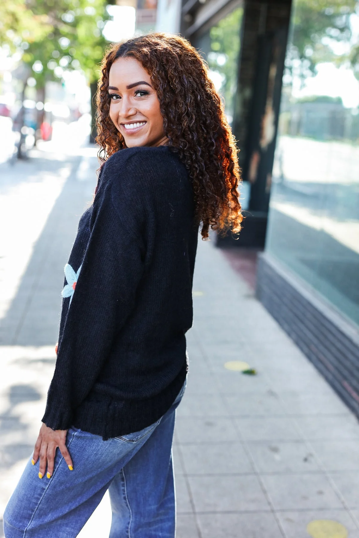 Luisa | Eyes On You oversized knit sweater with floral patch in black - Image 6