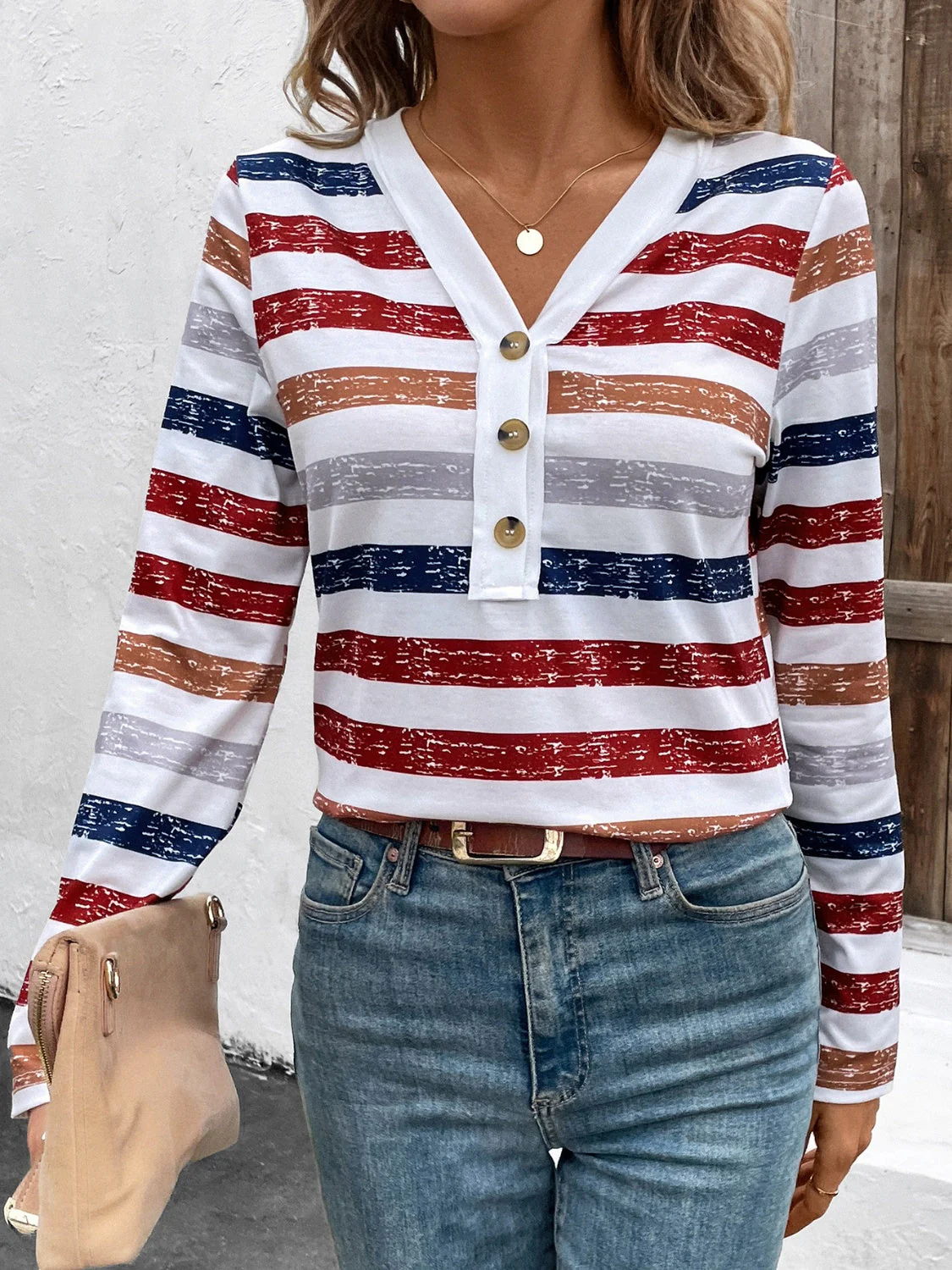 Luna | Contrast striped long sleeve t-shirt with V-neck - Image 5