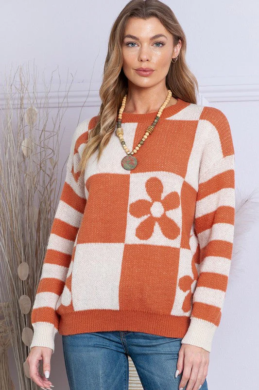 Luna | Floral checked sweater with striped sleeves - Image 2