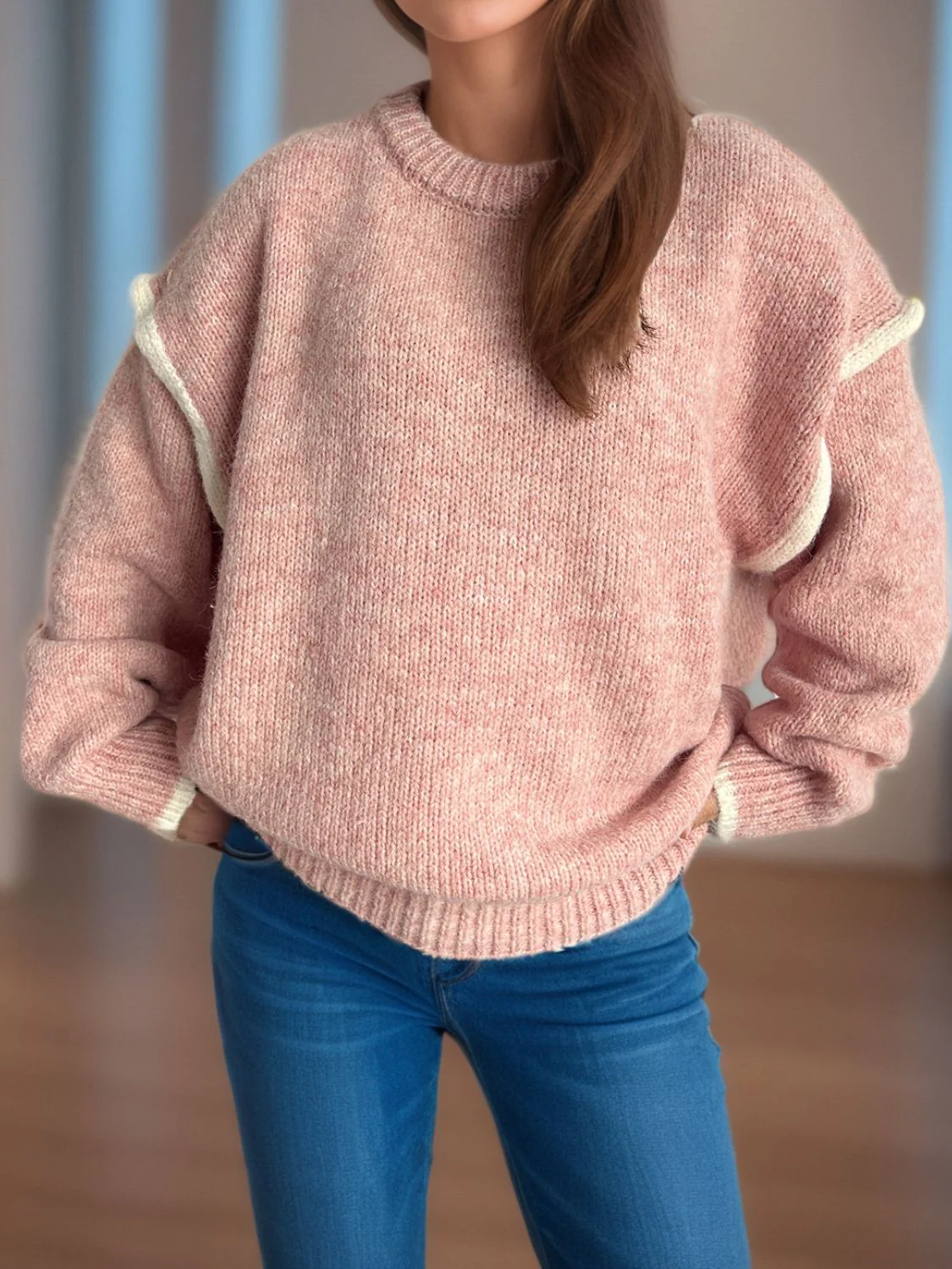 Luz | Round neck sweater with sloping shoulders and contrasting trim - Image 3