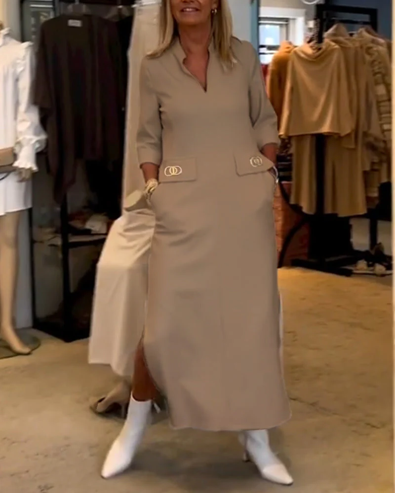 Magaly® | Solid Color Slit Dress With 3/4 Sleeves - Image 10