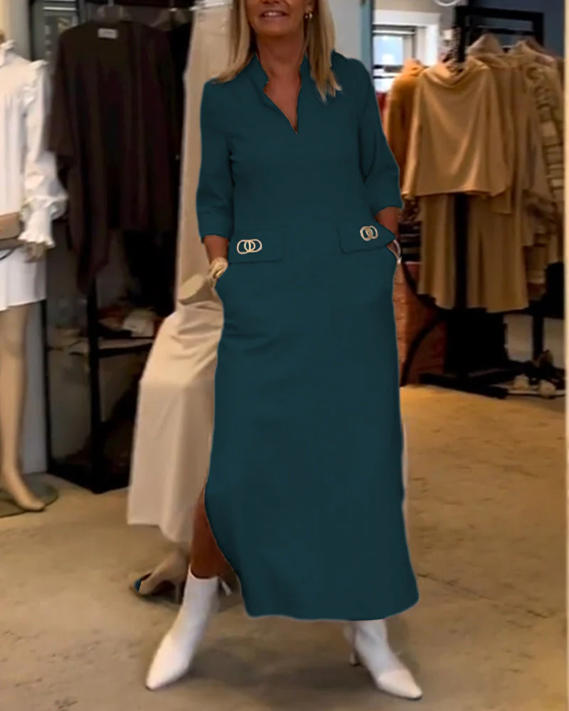 Magaly® | Solid Color Slit Dress With 3/4 Sleeves - Image 14