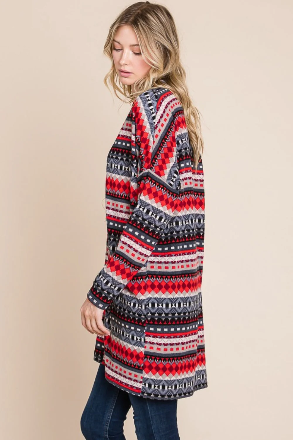 Magda | Geometric open front long sleeve cardigan with pockets - Image 3
