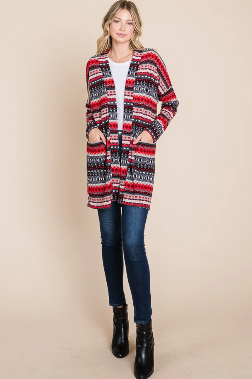 Magda | Geometric open front long sleeve cardigan with pockets - Image 5