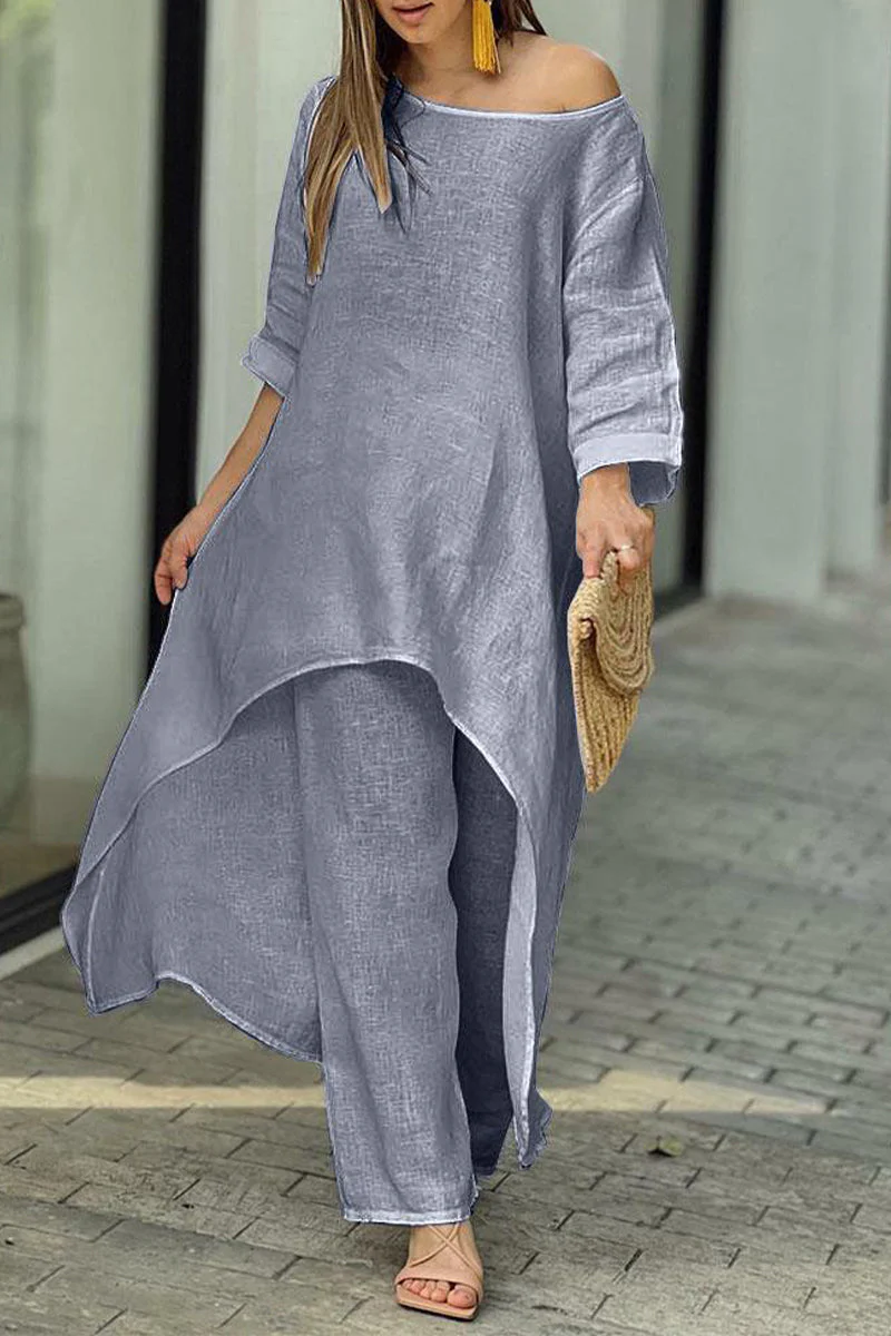 Magdalena | Casual solid color asymmetrical long sleeve O-neck two piece suit - Image 6