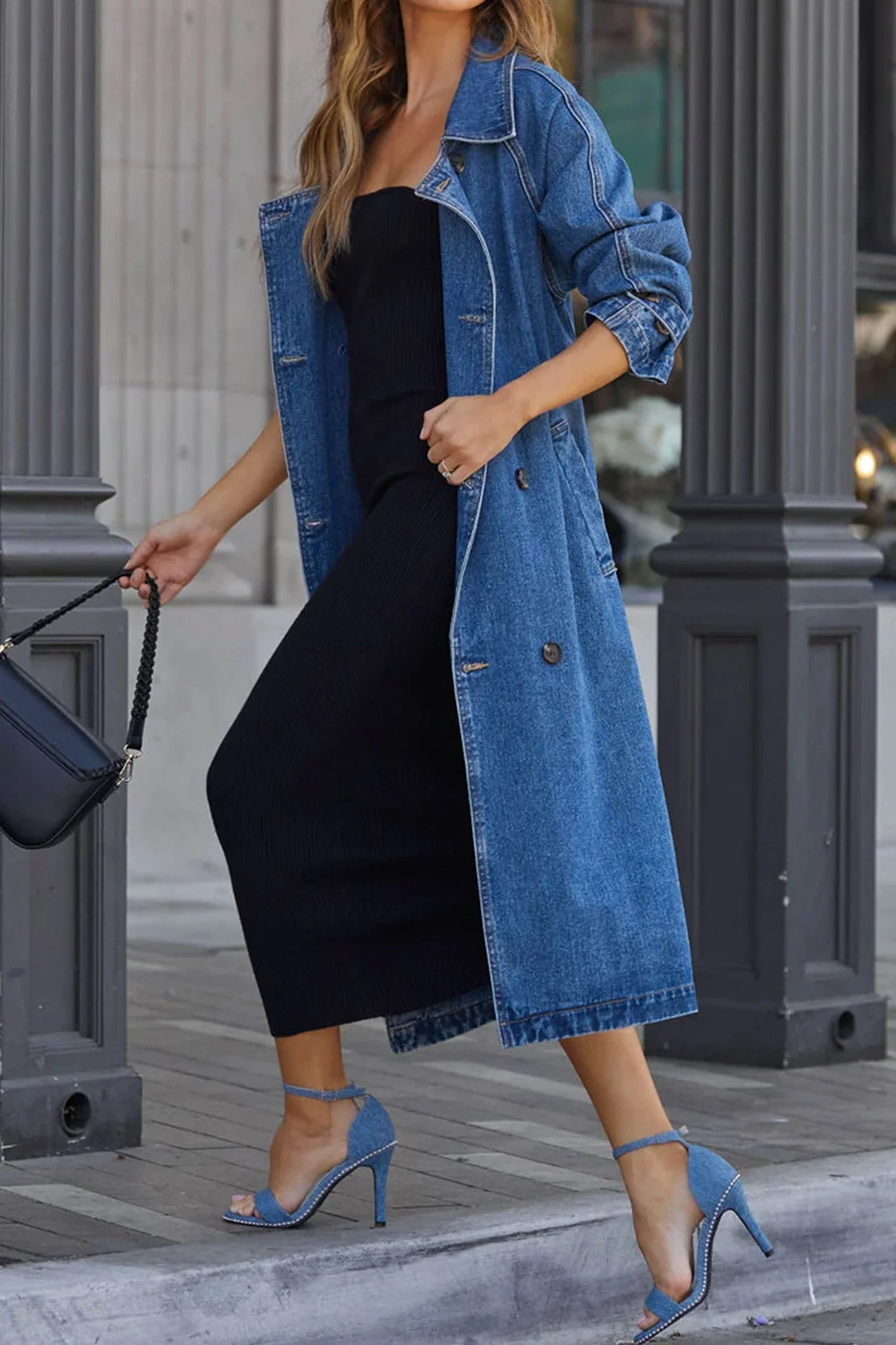 Maite | Double-breasted denim trench coat with straps