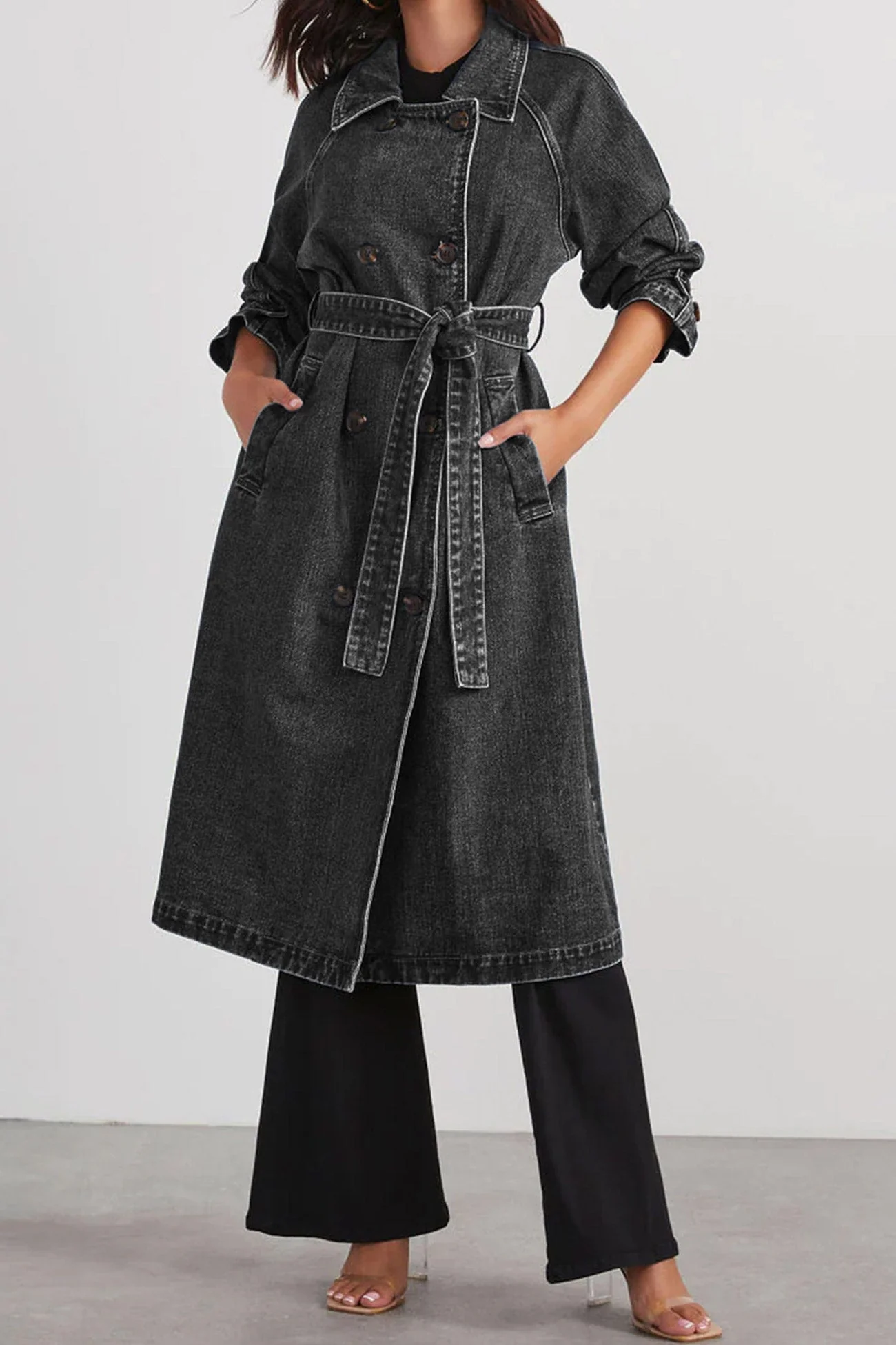Maite | Double-breasted denim trench coat with straps - Image 9