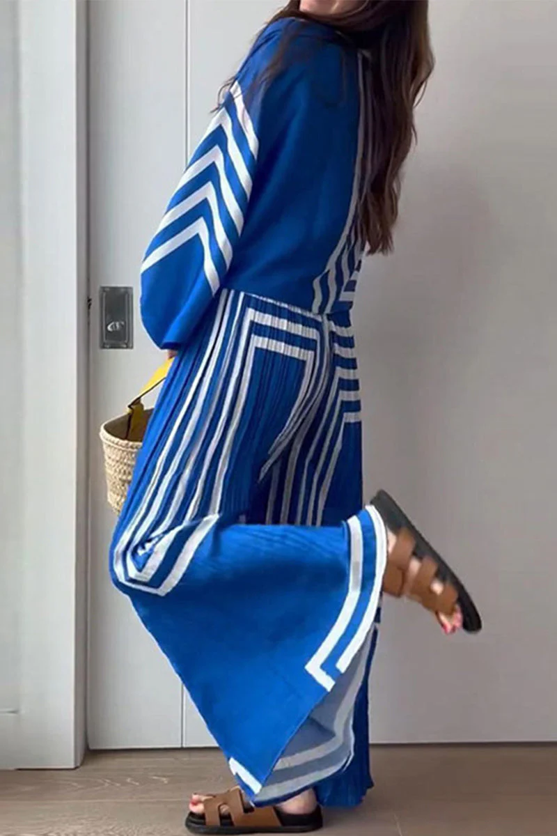 Manuela | Casual striped patchwork two-piece suit with V-neck and long sleeves - Image 3