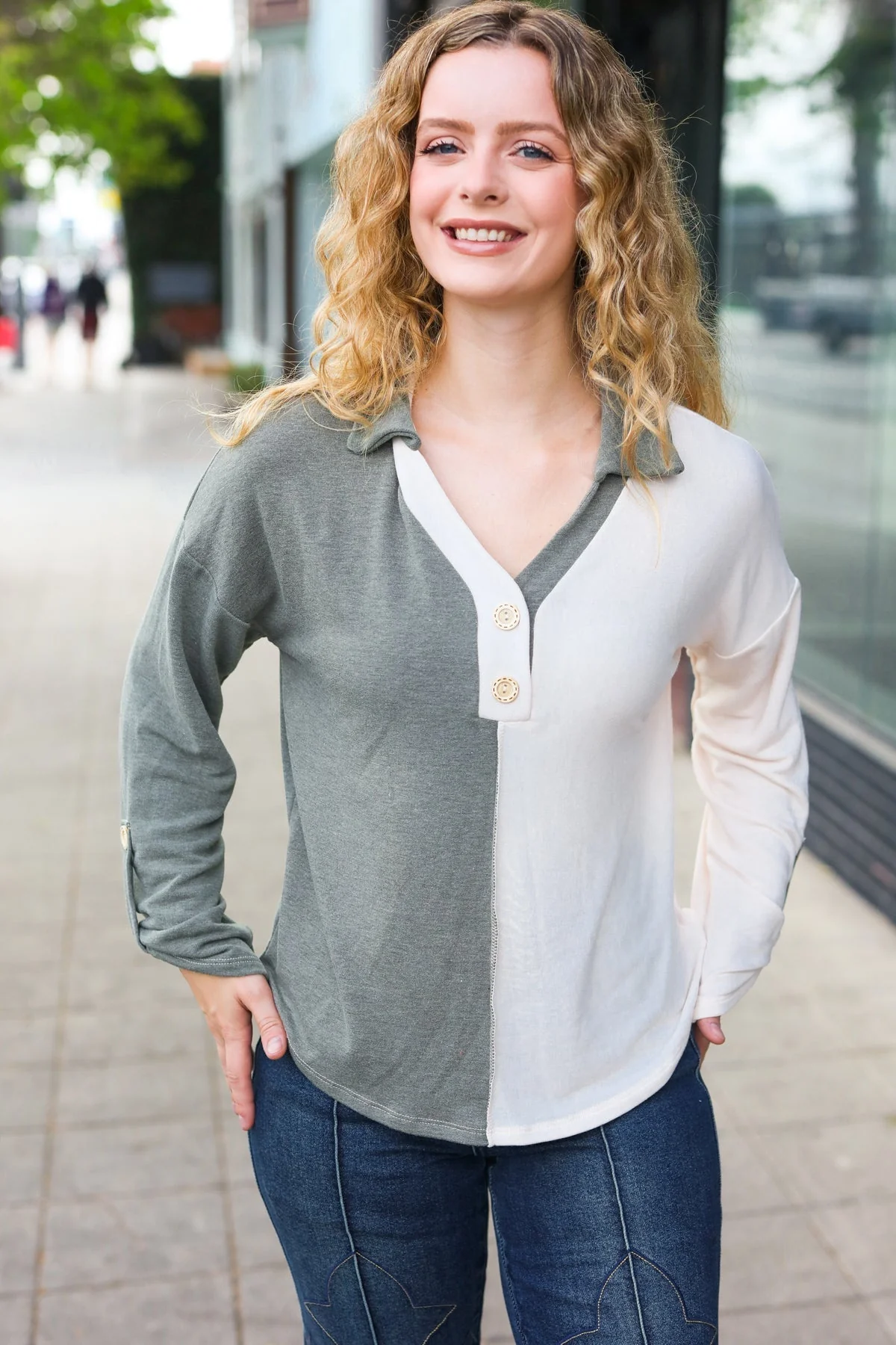 Manuela | Start your day. Olive green half and half collar top with notched neckline - Image 13