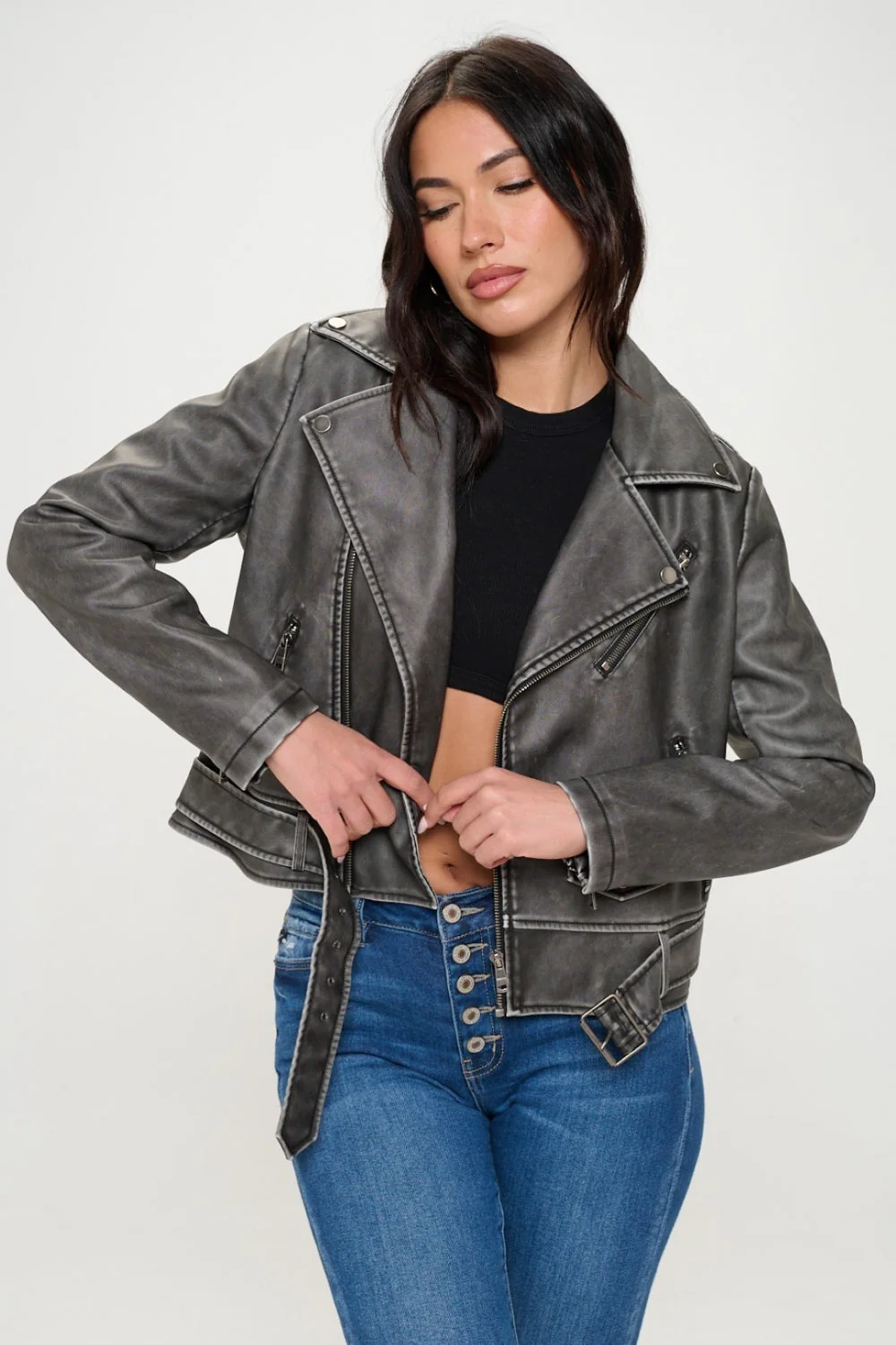 Mareike | Biker jacket with zip and belt - Image 3