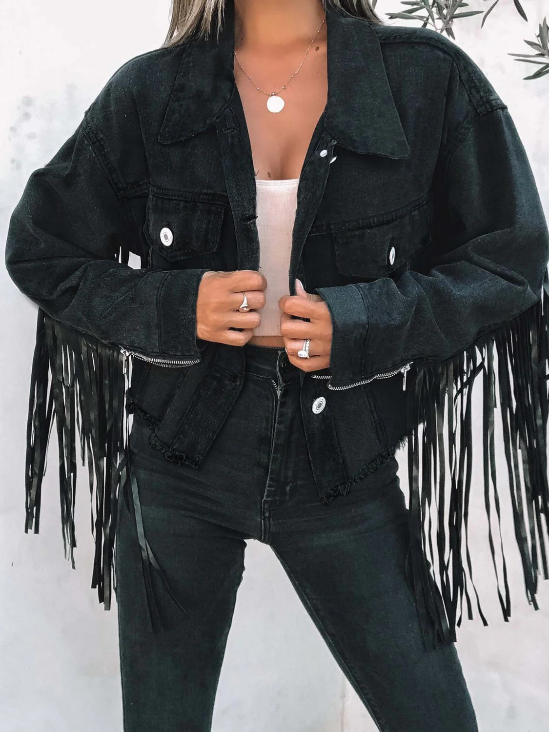 Margarita | Long-sleeved denim jacket with fringes and buttons