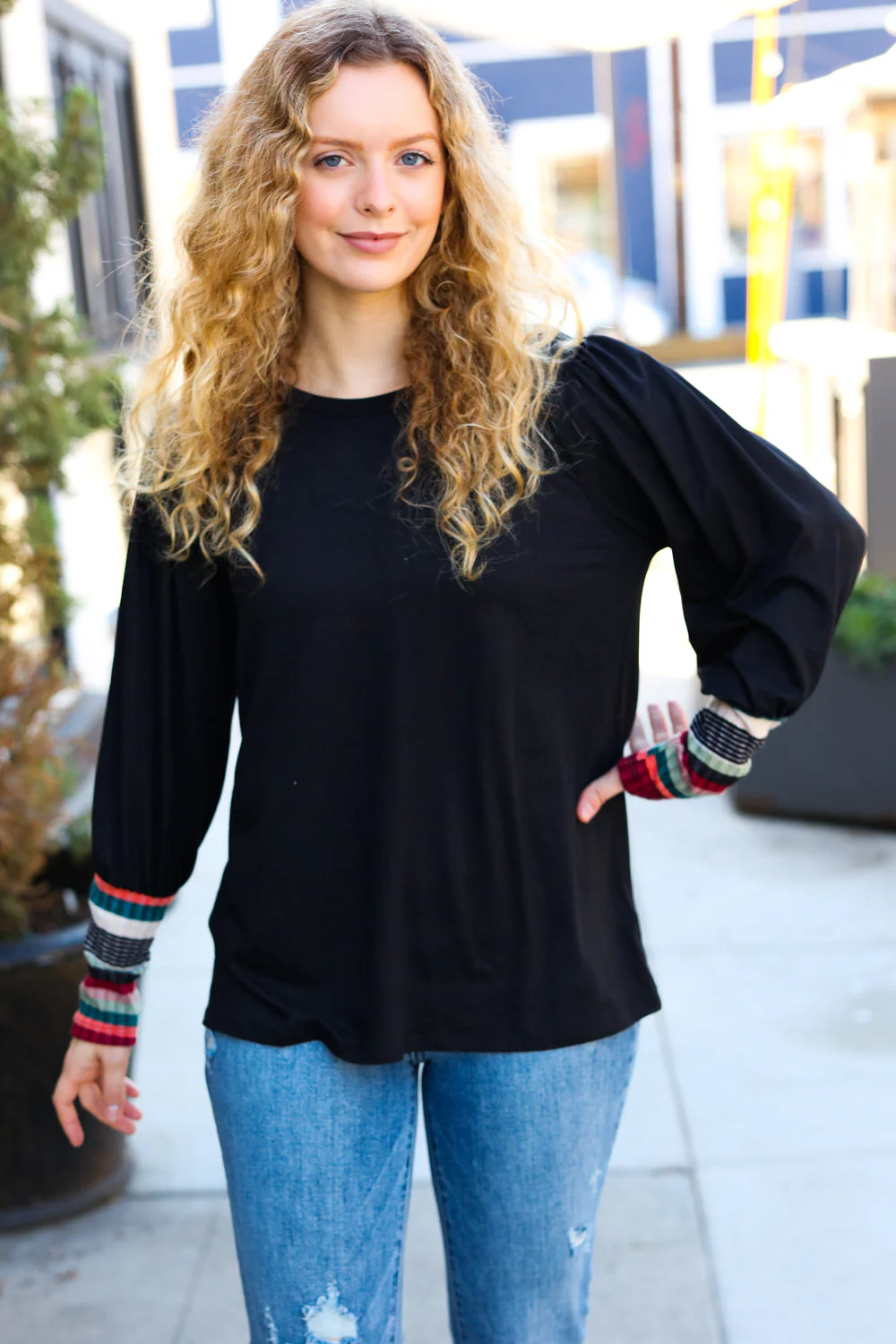 Margherita | Black multicolor striped top with puff sleeves - Image 9