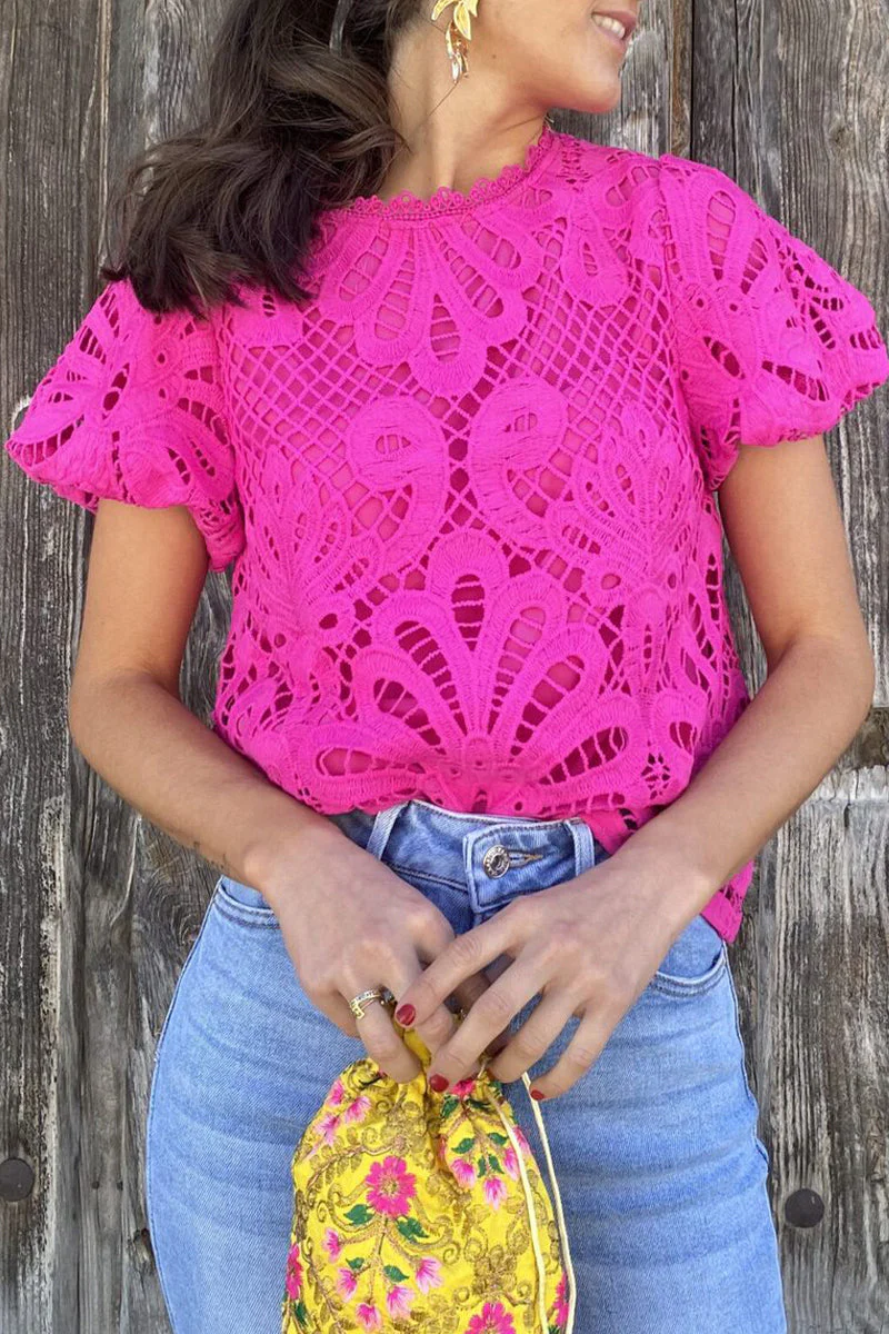 Margherita® | Casual Solid Lace Hollow Out Short Sleeve Blouse - Image 2