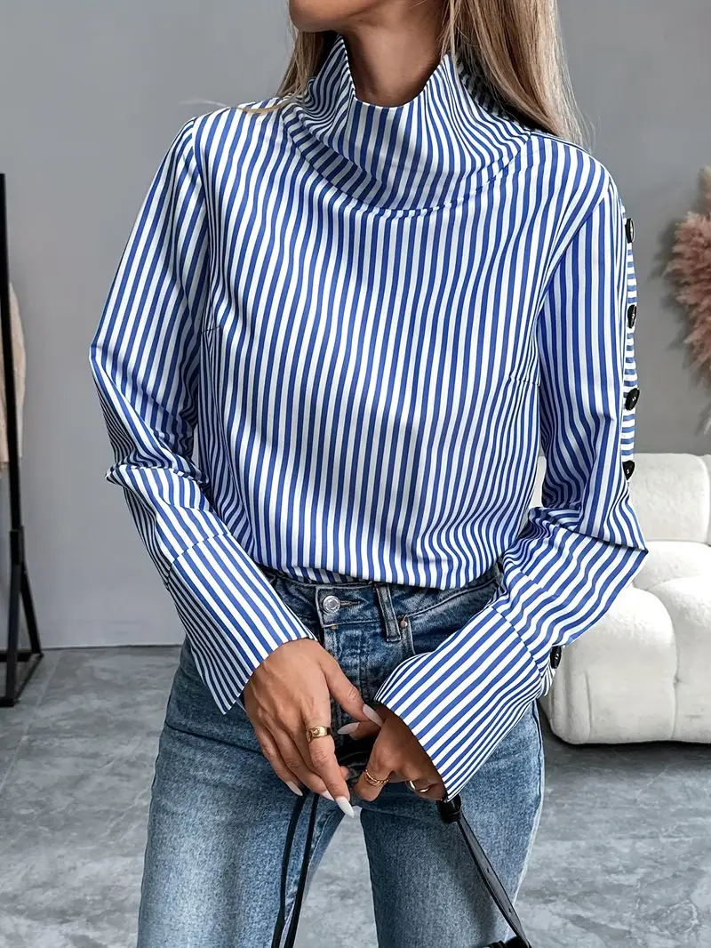 Margherita® | Striped Cotton Blouse With High Neck - Image 2