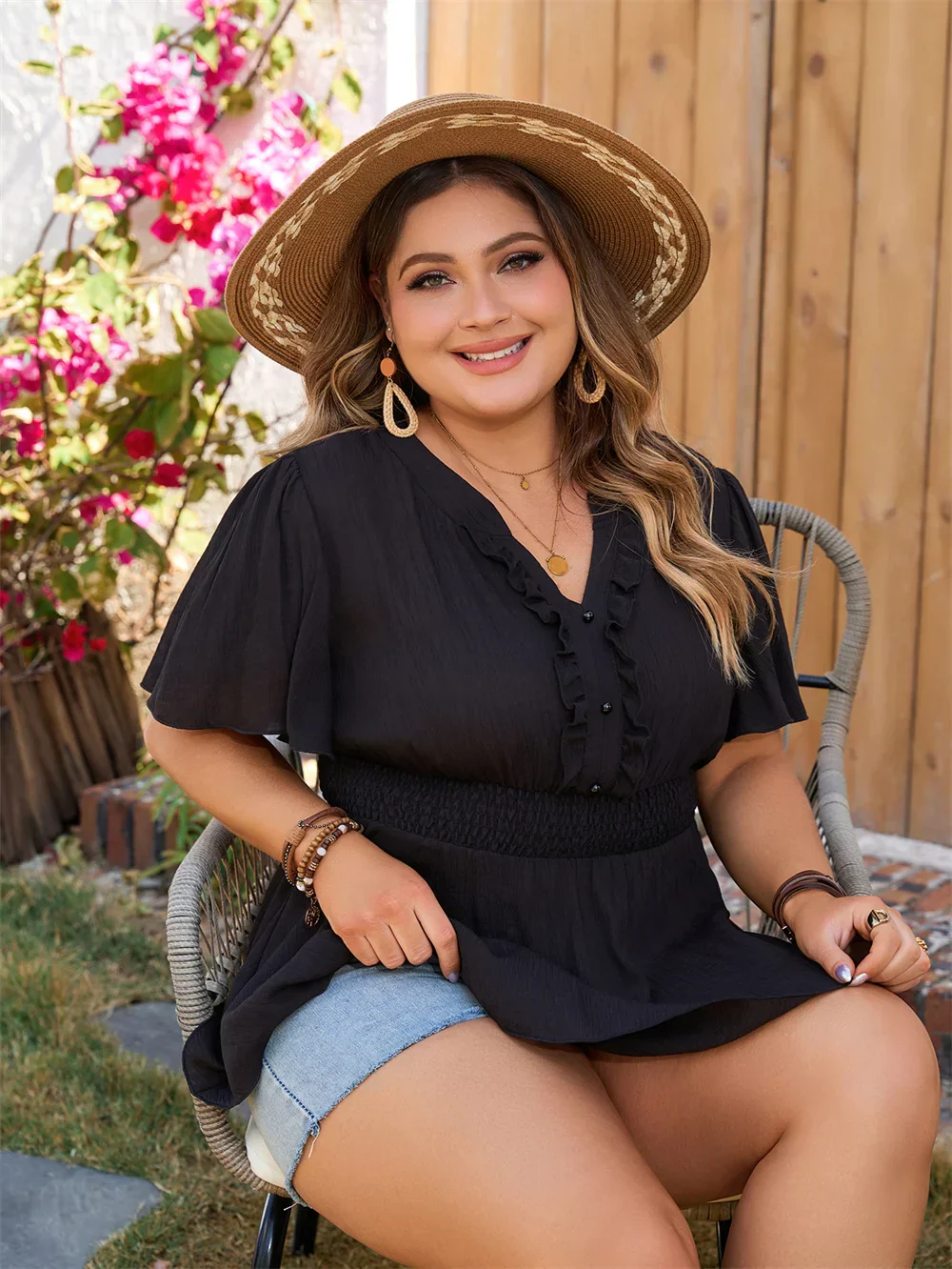Margot® | Black Plus Size Summer Blouse With Ruffles - Image 3