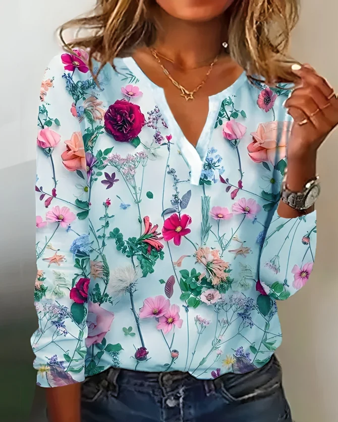 Maria® | Cozy Floral Long Sleeve Blouse