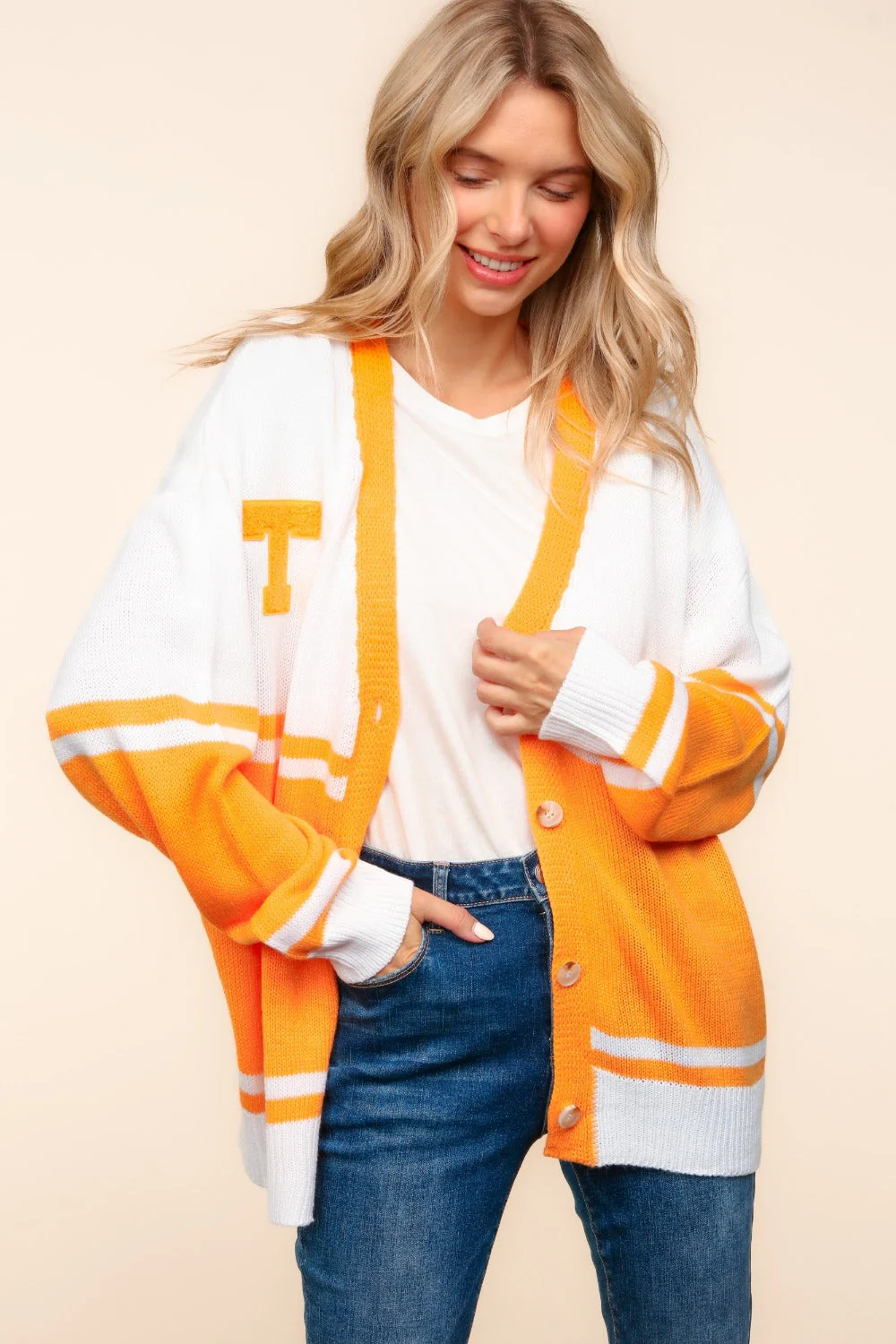 Maria | Haptics cardigan with V-neck, button placket and letter patch - Image 3