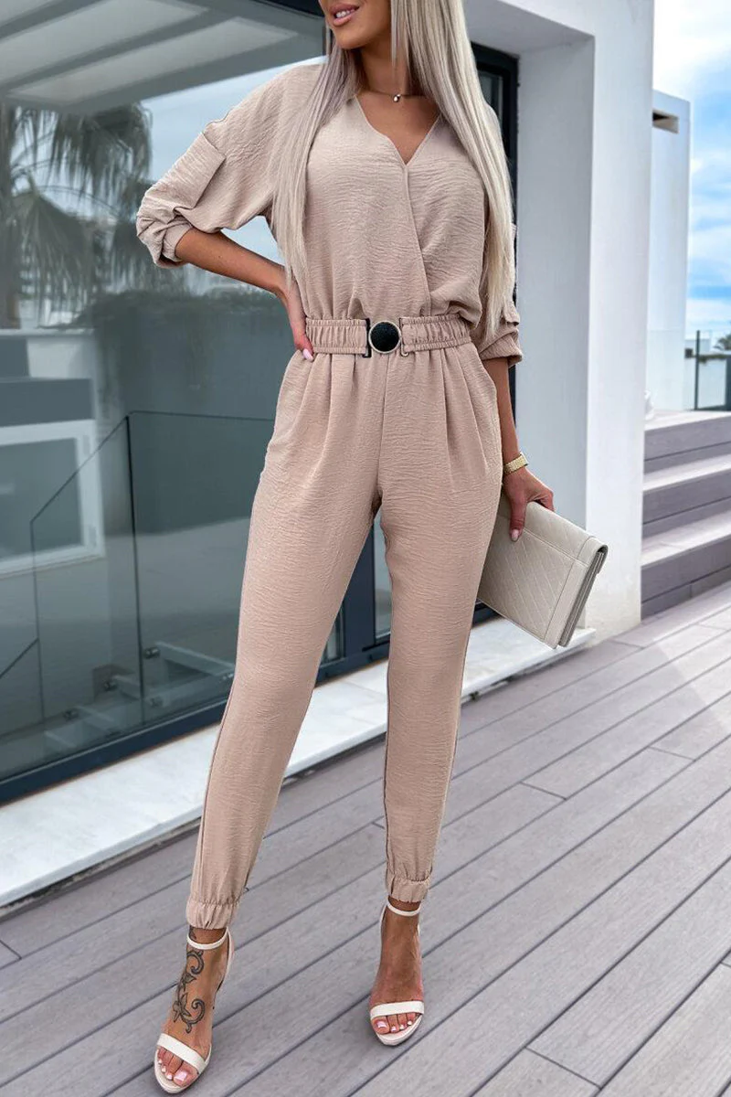 Maria Fernanda | Cute simple regular jumpsuits with fixed pocket and belt and V-neck