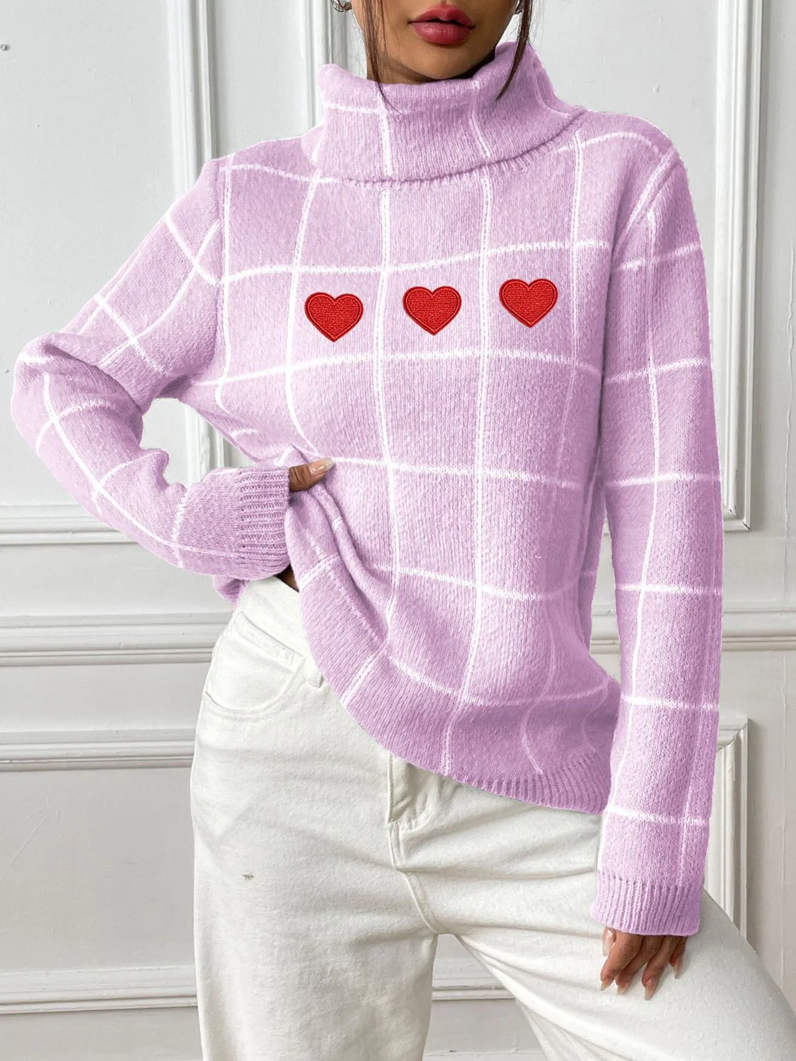 Marianna | Long-sleeved turtleneck sweater with a heart-shaped check pattern - Image 13