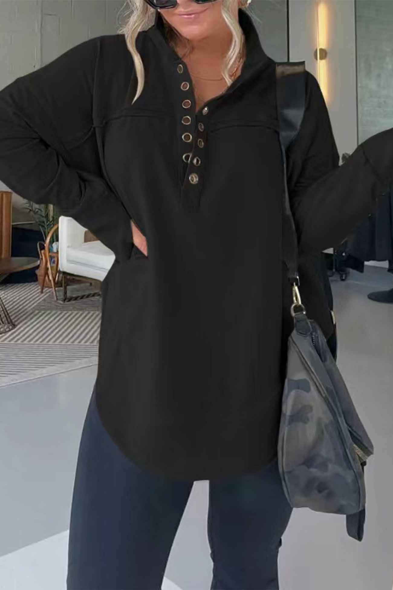 Marianna | Solid long sleeve sweatshirt with buttons - Image 6