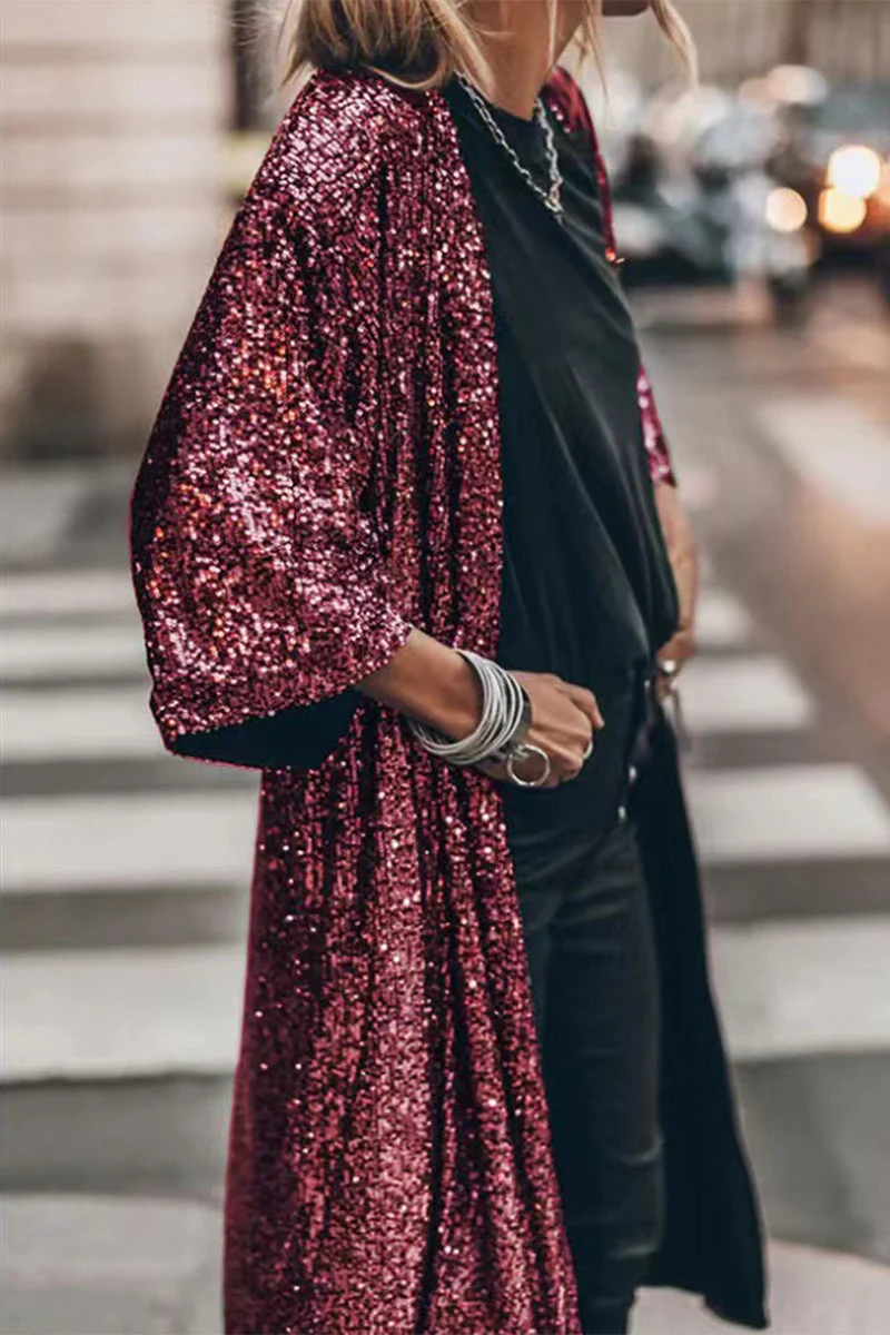 Maribel | Casual street solid sequin sequin scoop neck outerwear - Image 4