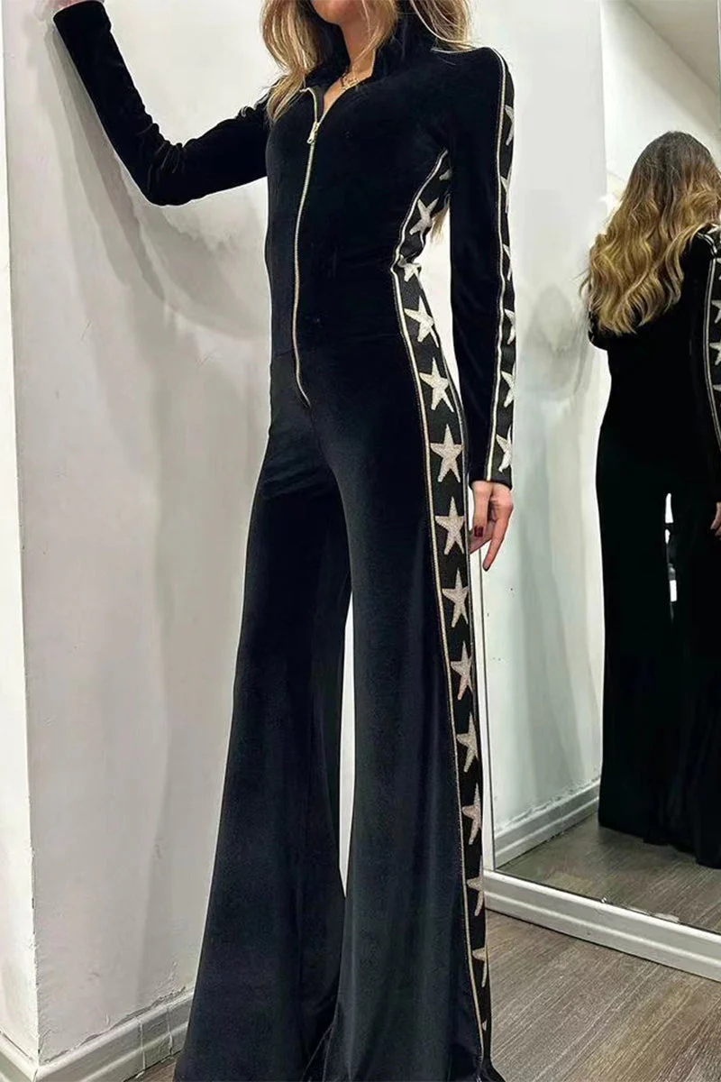 Marina | Casual Solid Patchwork Zipper Half Turtleneck Jumpsuits - Image 2