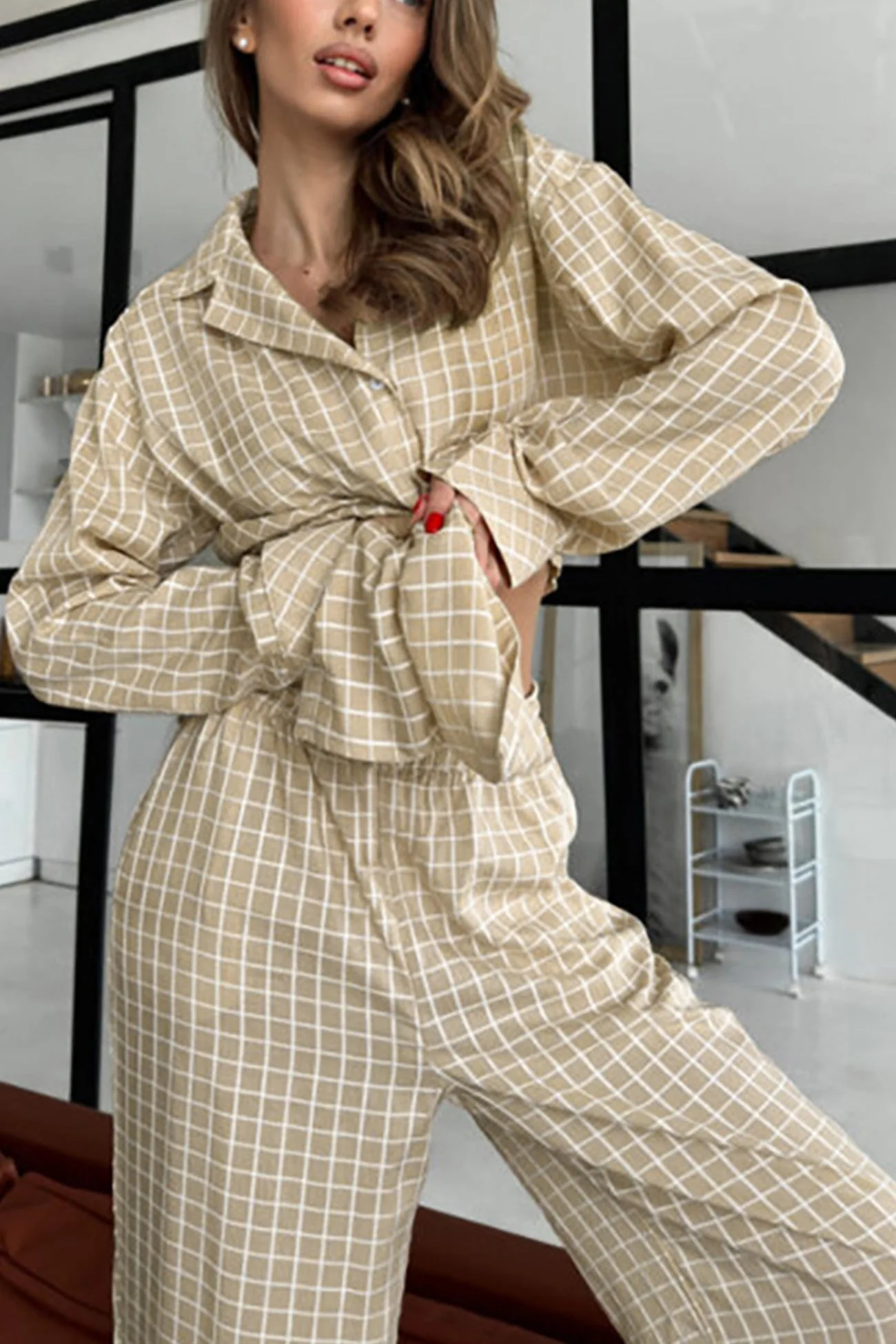 Marina | Checked loungewear with long sleeves - Image 3