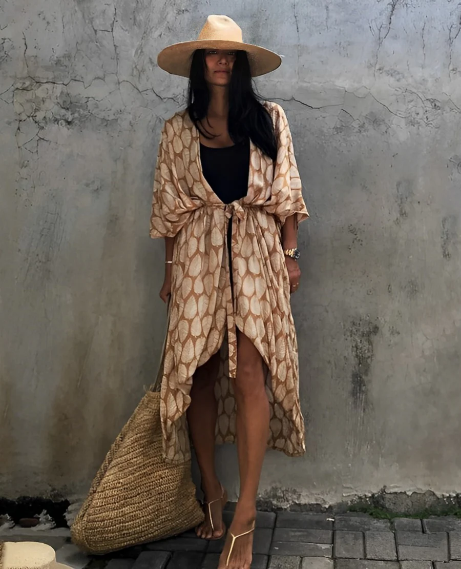 Marina® | Retro Kimono Long Patterned Beach Kimono With Belt For Women
