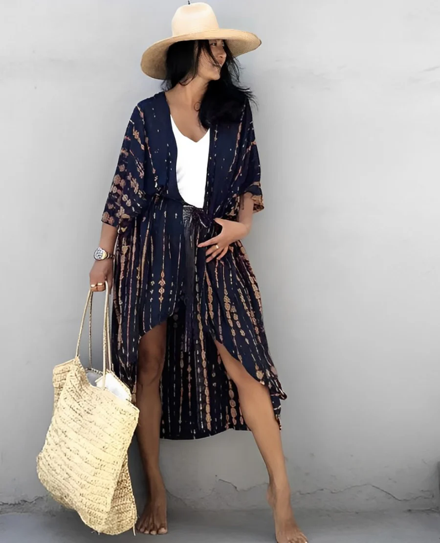 Marina® | Retro Kimono Long Patterned Beach Kimono With Belt For Women - Image 14