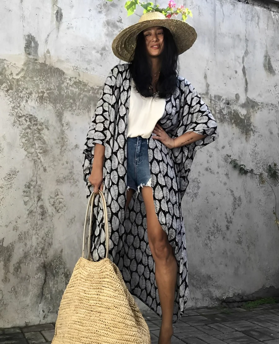Marina® | Retro Kimono Long Patterned Beach Kimono With Belt For Women - Image 8