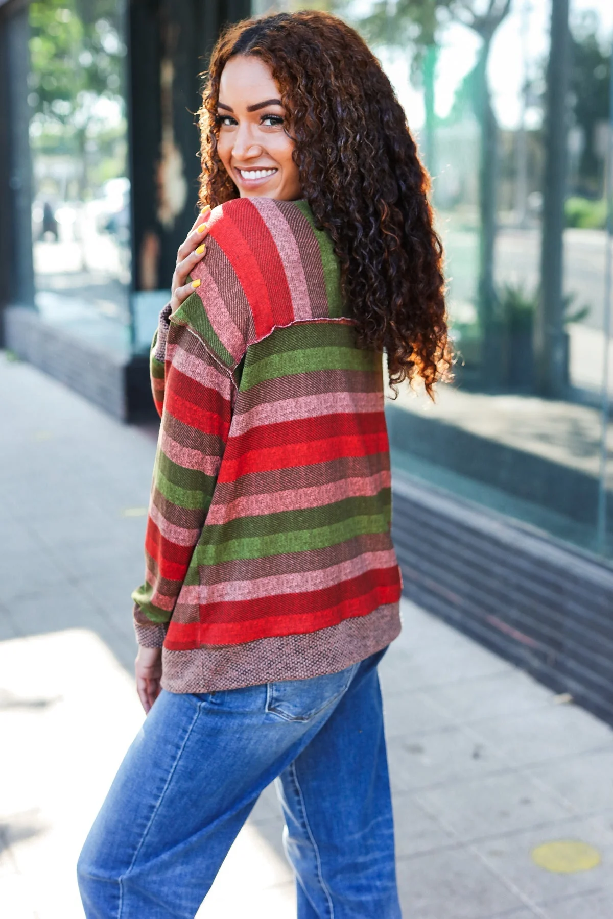 Marita | Perfectly You Olive and mauve striped two-tone tie-neck sweater top - Image 6