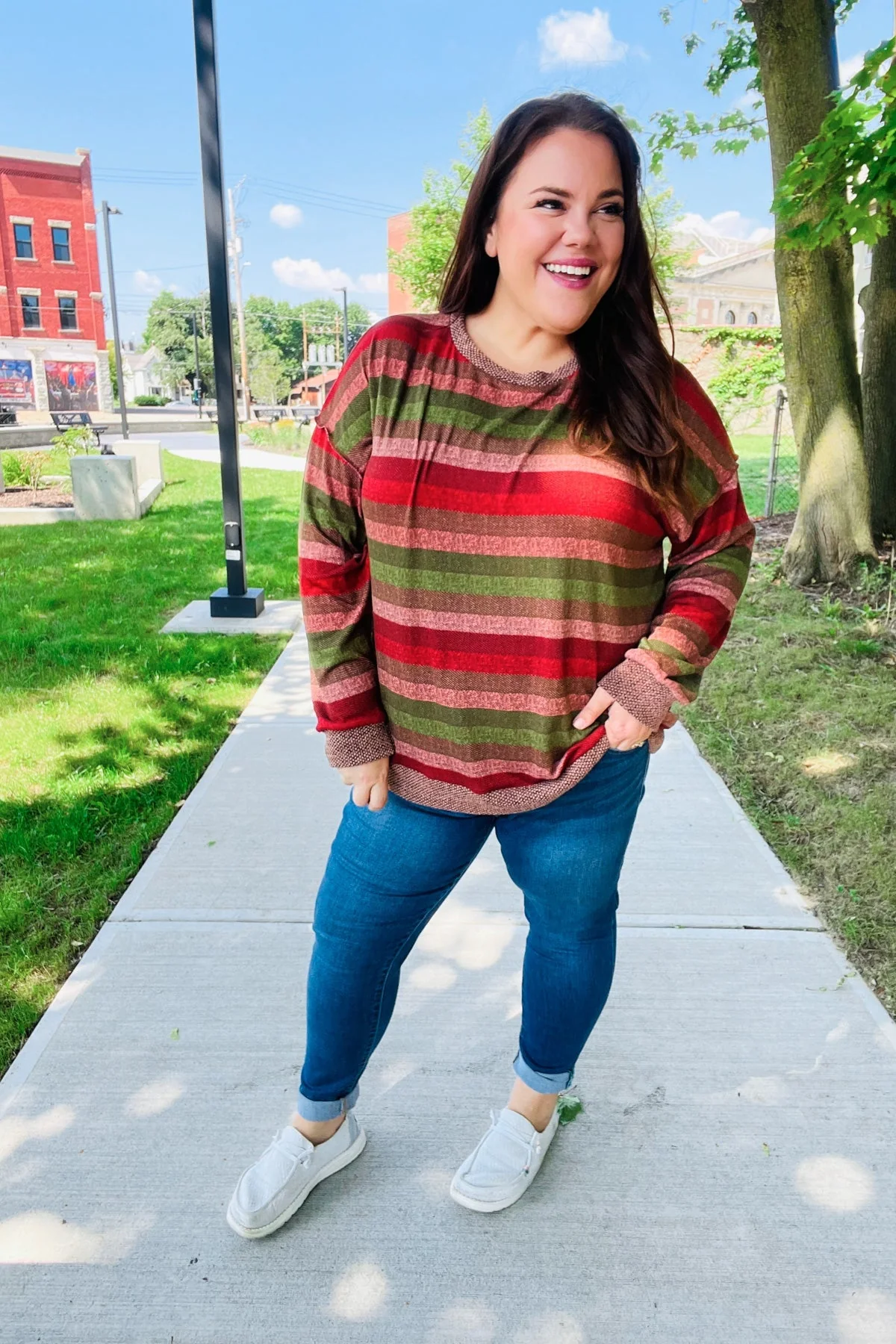 Marita | Perfectly You Olive and mauve striped two-tone tie-neck sweater top - Image 7
