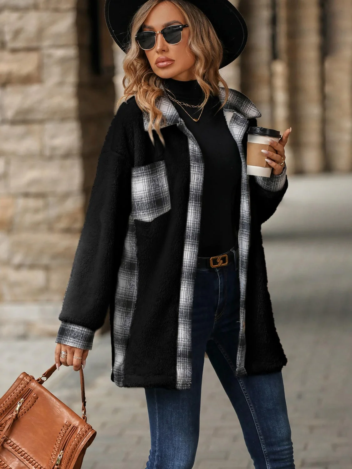 Marta | Checked buttoned fluffy outerwear with long sleeves - Image 13