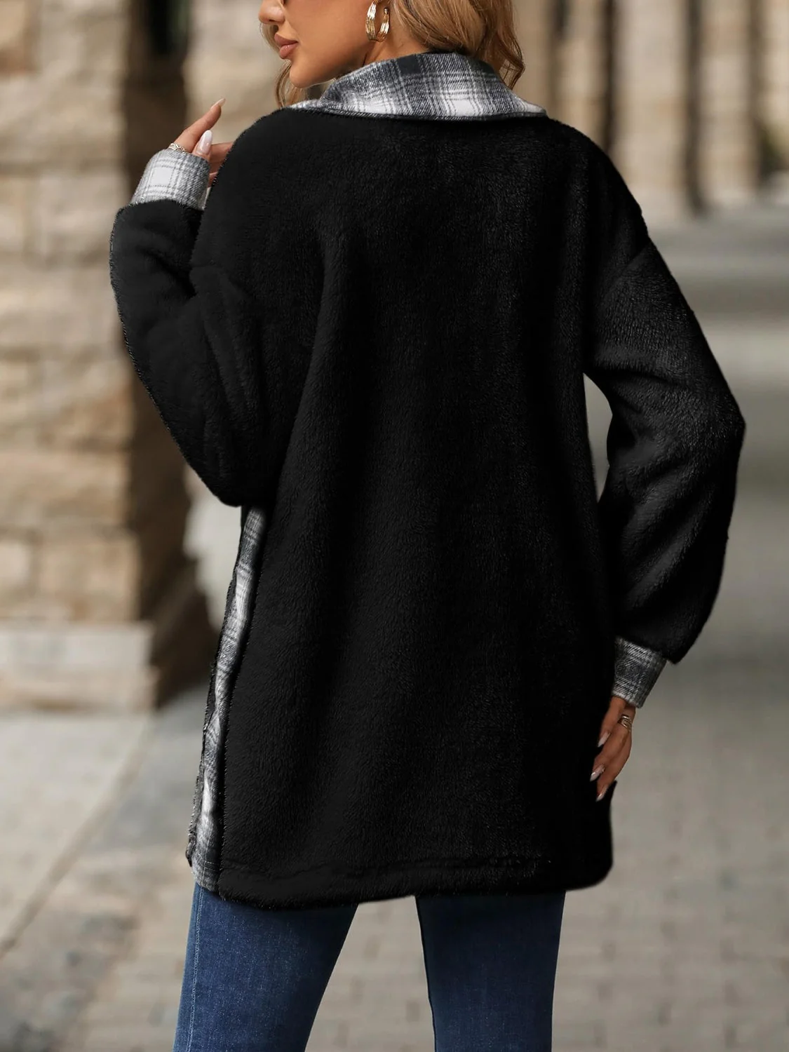 Marta | Checked buttoned fluffy outerwear with long sleeves - Image 14