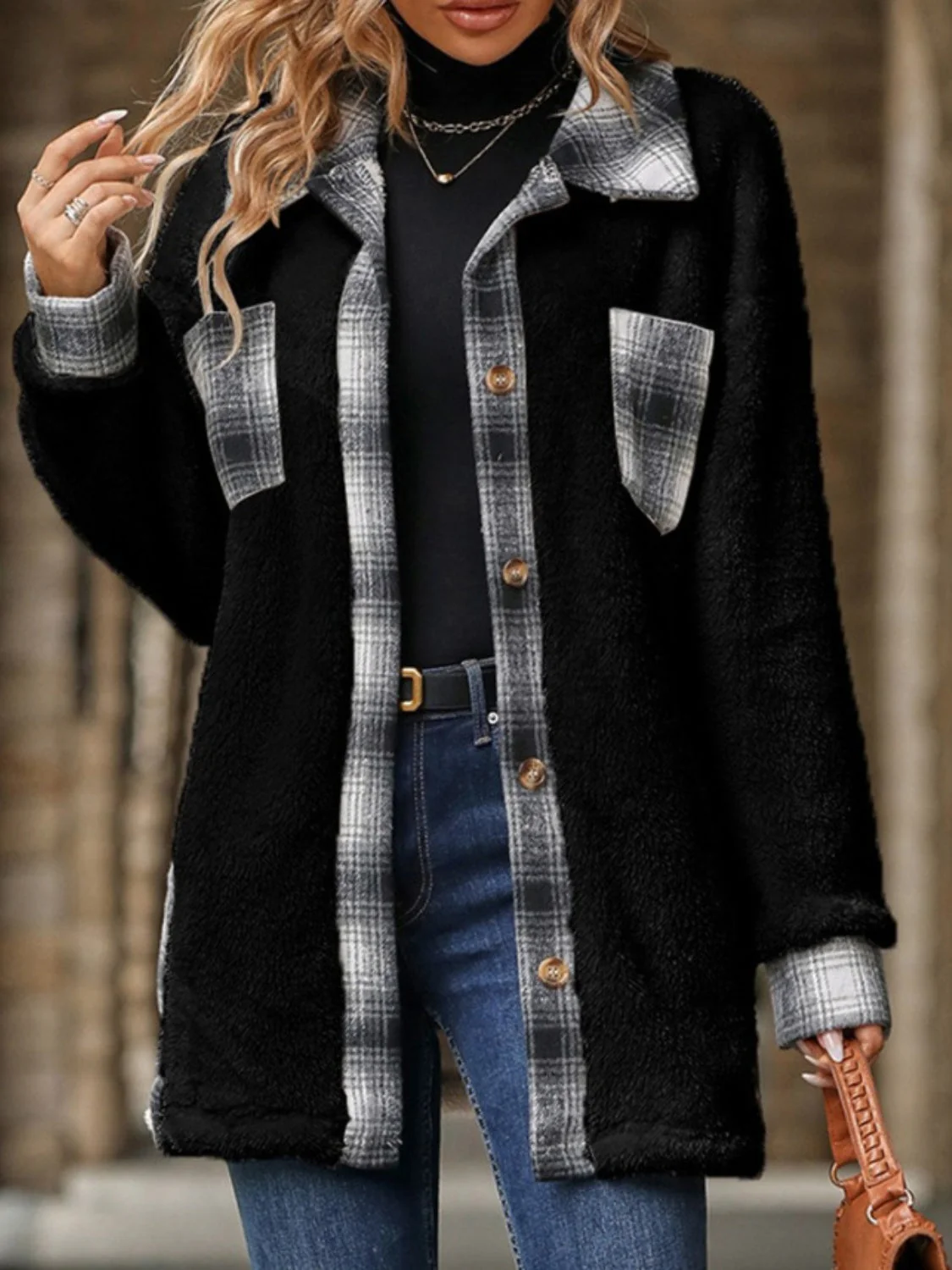 Marta | Checked buttoned fluffy outerwear with long sleeves - Image 15