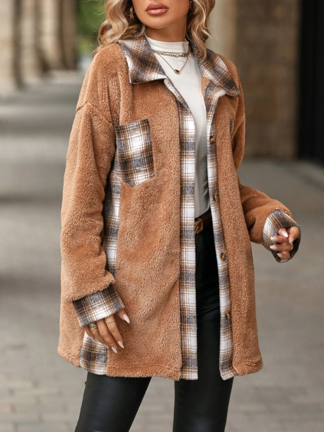 Marta | Checked buttoned fluffy outerwear with long sleeves - Image 3