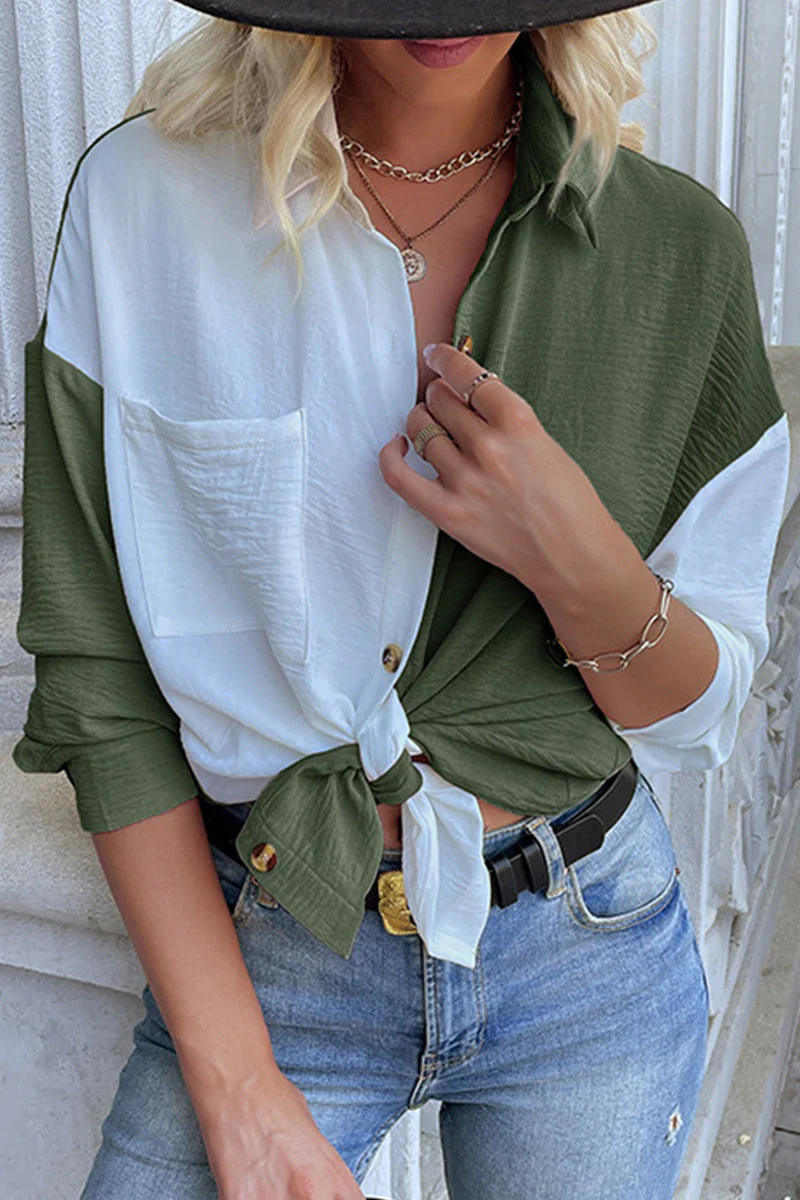 Marta® | Elegant Turtleneck Blouse With Color Block Patchwork - Image 2
