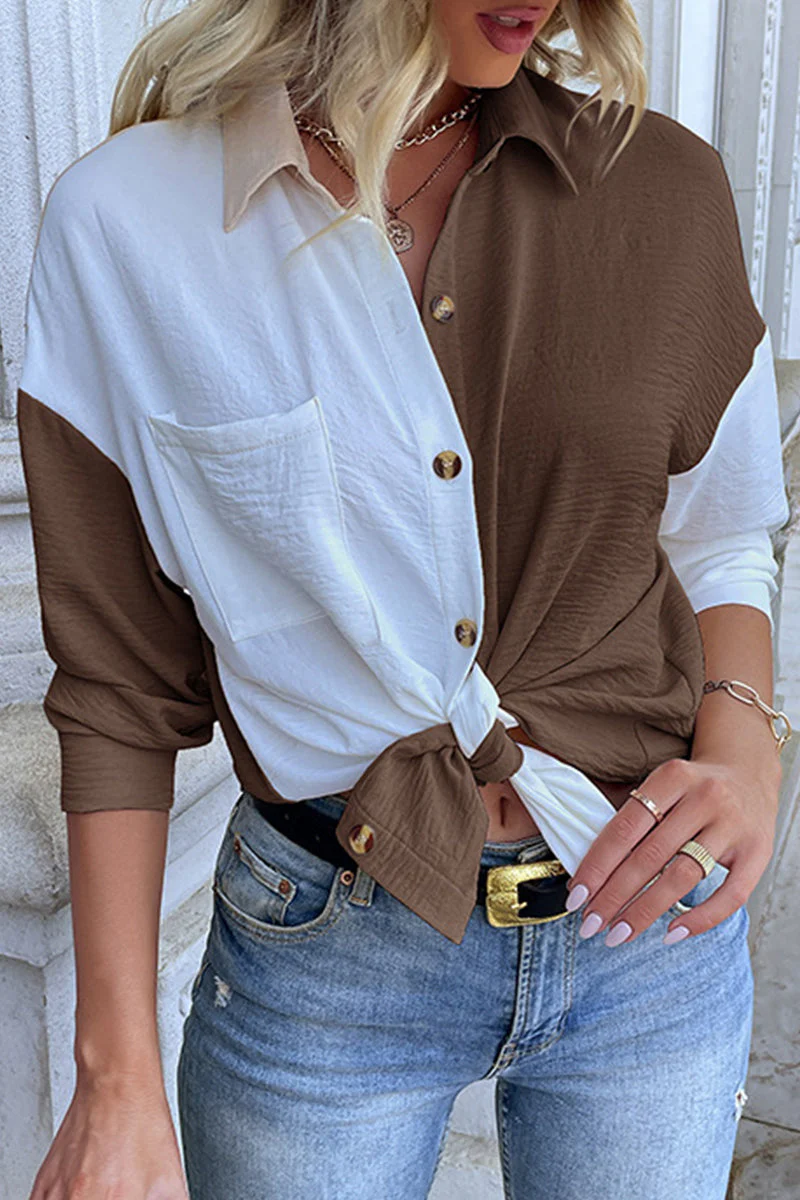 Marta® | Elegant Turtleneck Blouse With Color Block Patchwork - Image 3