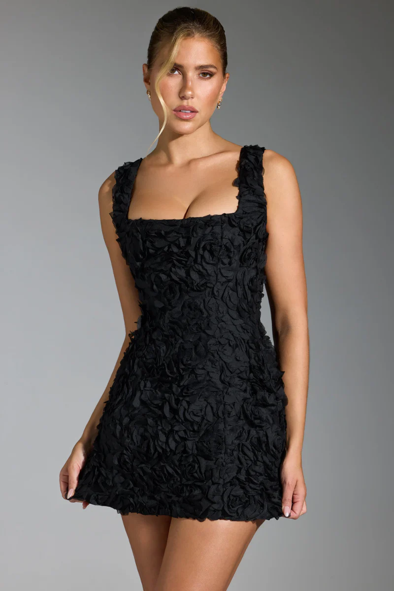 Marta® | Floral Lace-Up Square Neck Mini Dress In Black - Image 2