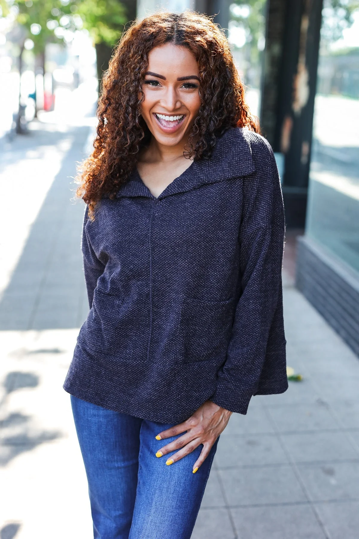 Martina | Easy Living Charcoal textured knit sweater with a notched neckline and oversized collar - Image 2