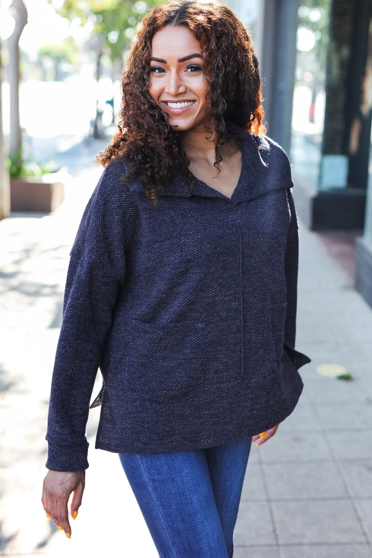 Martina | Easy Living Charcoal textured knit sweater with a notched neckline and oversized collar - Image 7