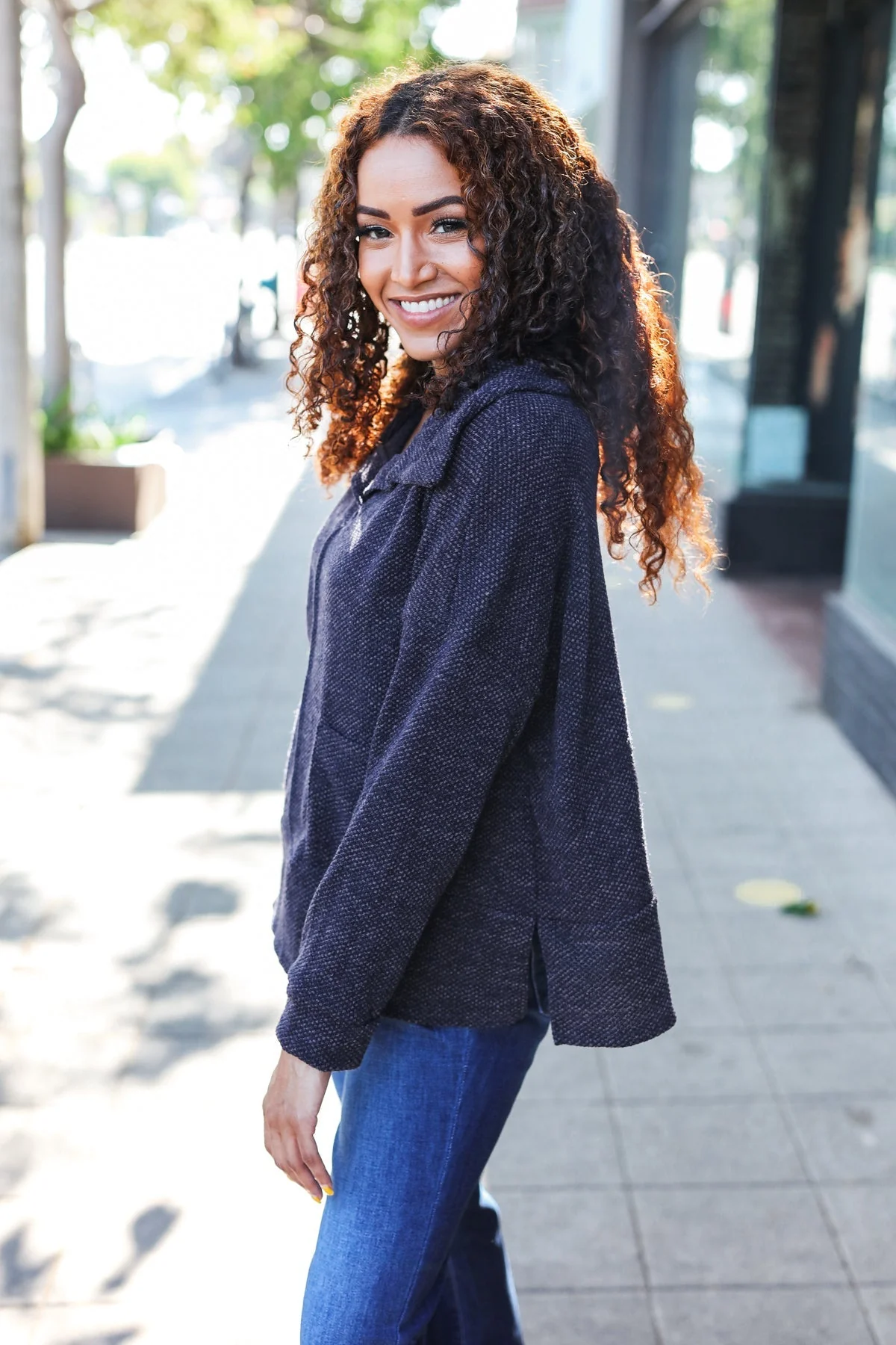 Martina | Easy Living Charcoal textured knit sweater with a notched neckline and oversized collar - Image 8