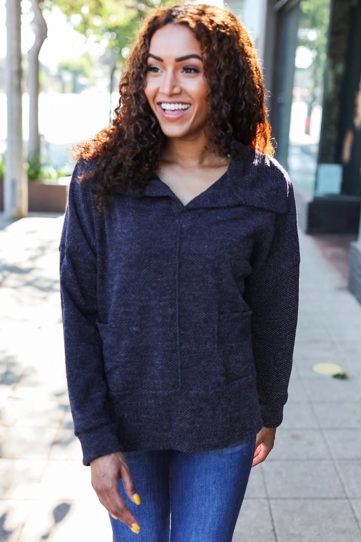 Martina | Easy Living Charcoal textured knit sweater with a notched neckline and oversized collar - Image 9