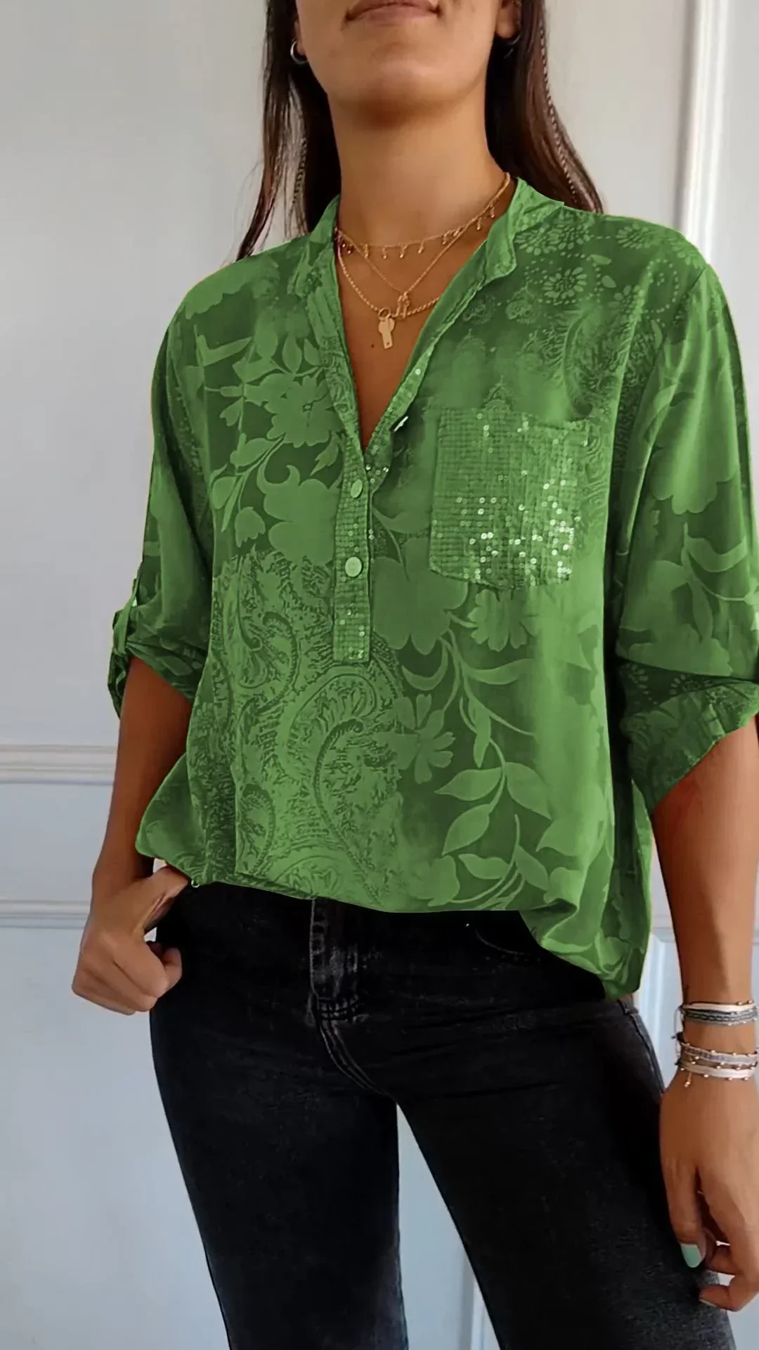 Maureen® | Printed V-Neck Top With Half Buttons - Image 10